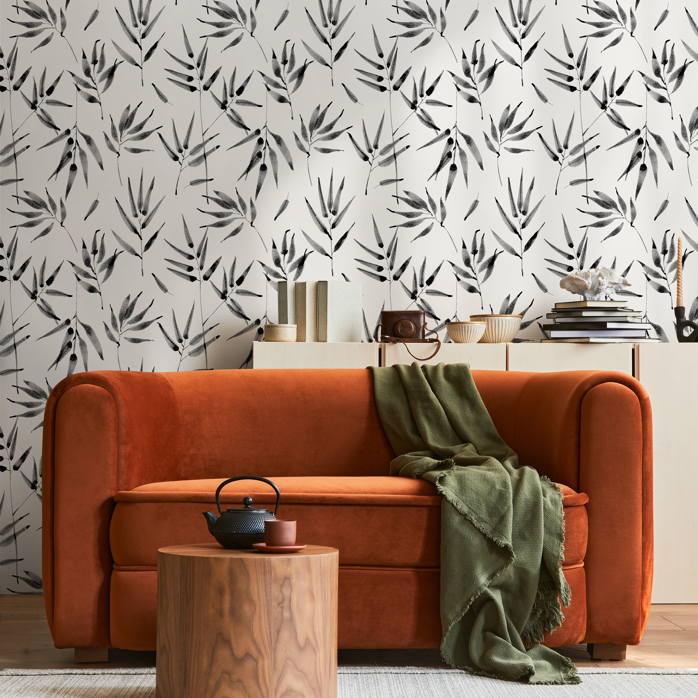 Botanical Wallpaper Featuring Ink Wash Bamboo Stalks In Black And White - B057