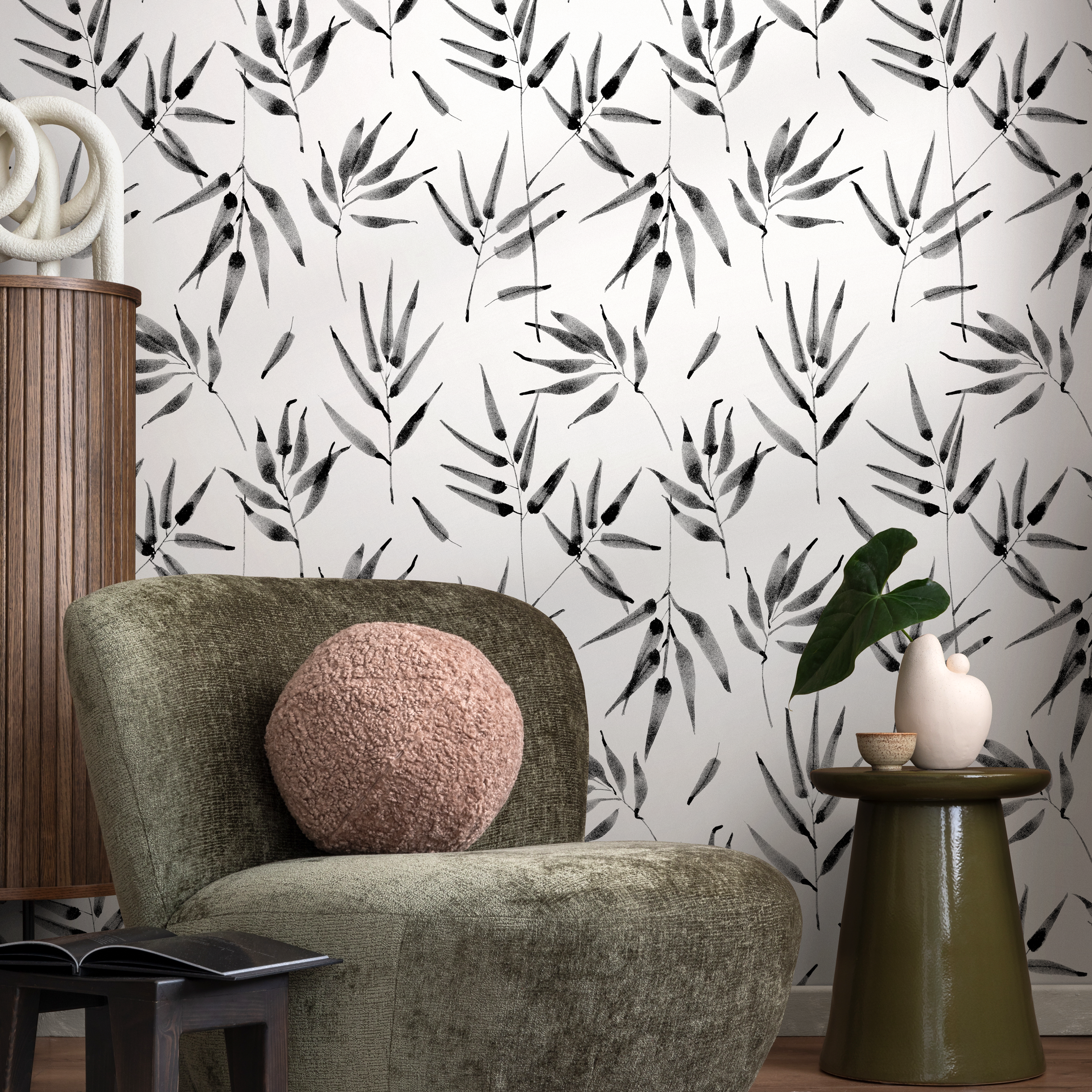 Botanical Wallpaper Featuring Ink Wash Bamboo Stalks In Black And White - B057