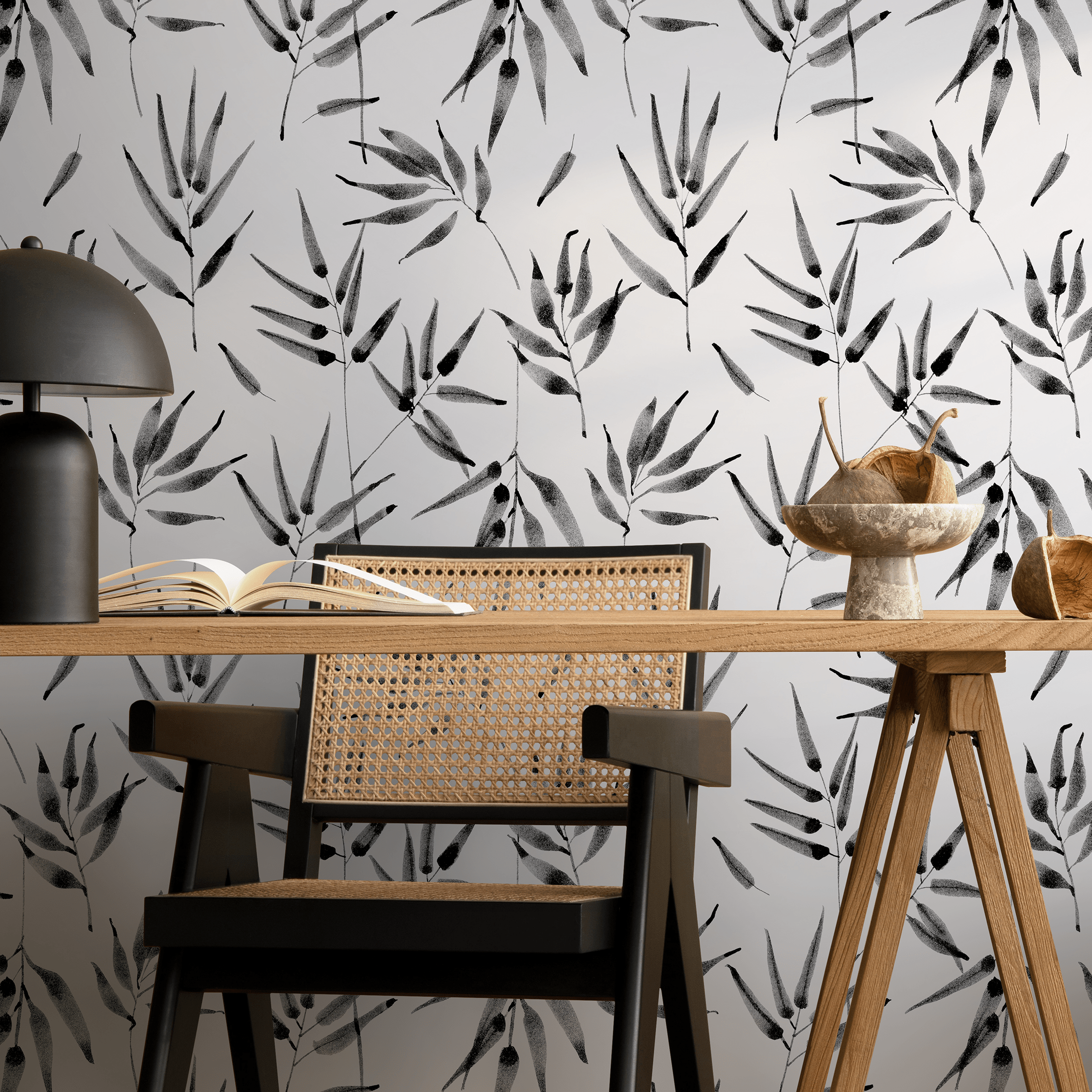 Botanical Wallpaper Featuring Ink Wash Bamboo Stalks In Black And White - B057