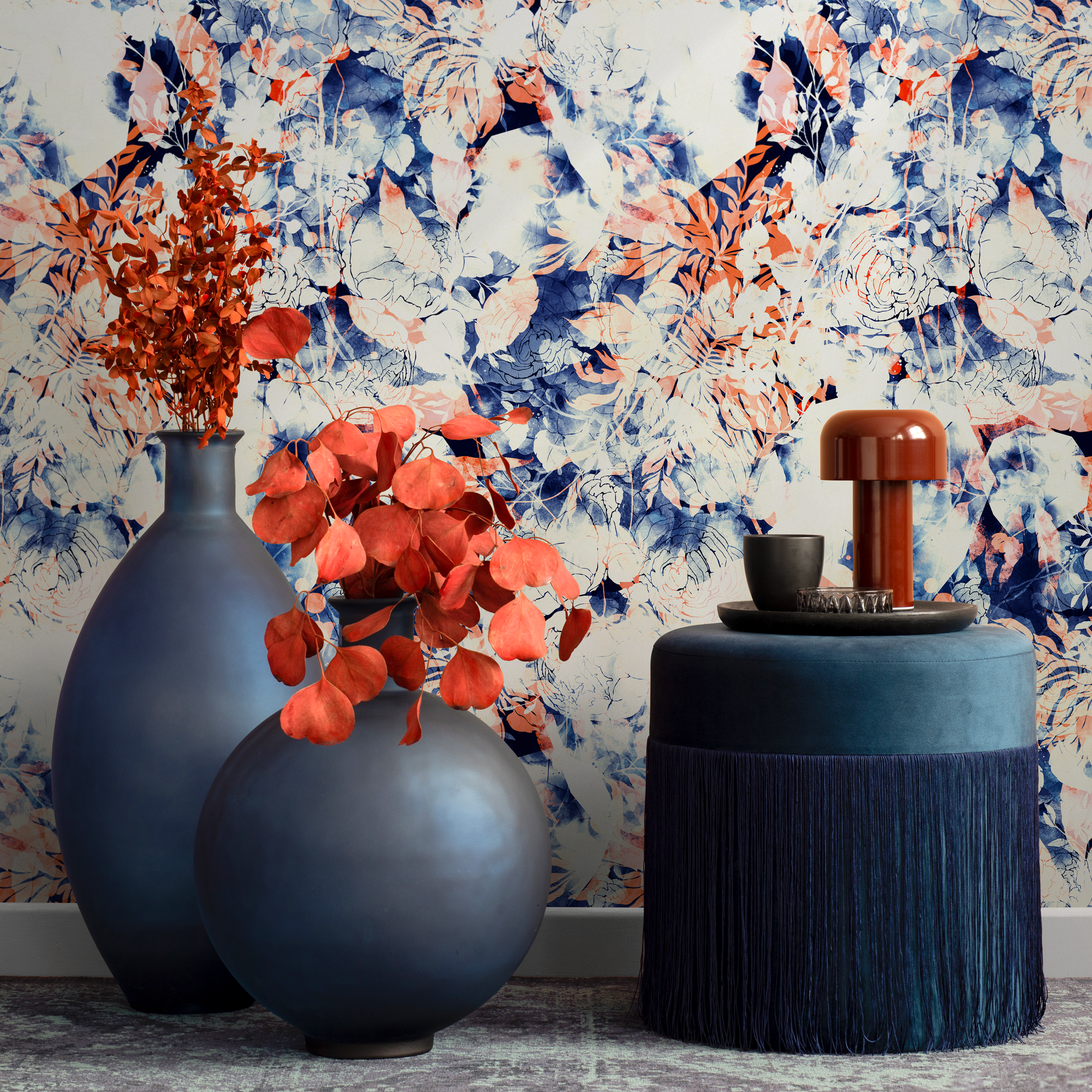Abstract Floral Wallpaper With Watercolor Washes In Blue And Orange - B058