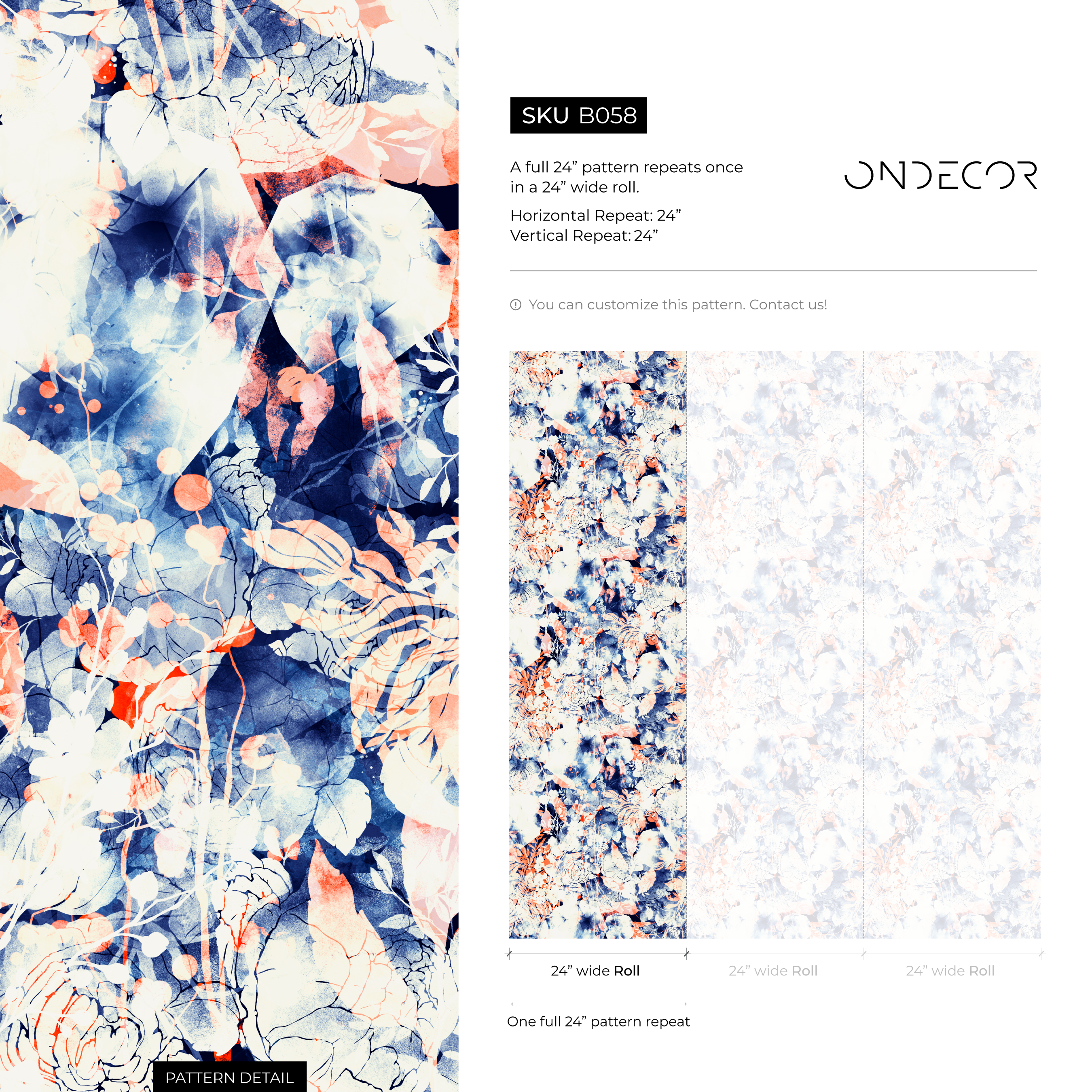 Abstract Floral Wallpaper With Watercolor Washes In Blue And Orange - B058