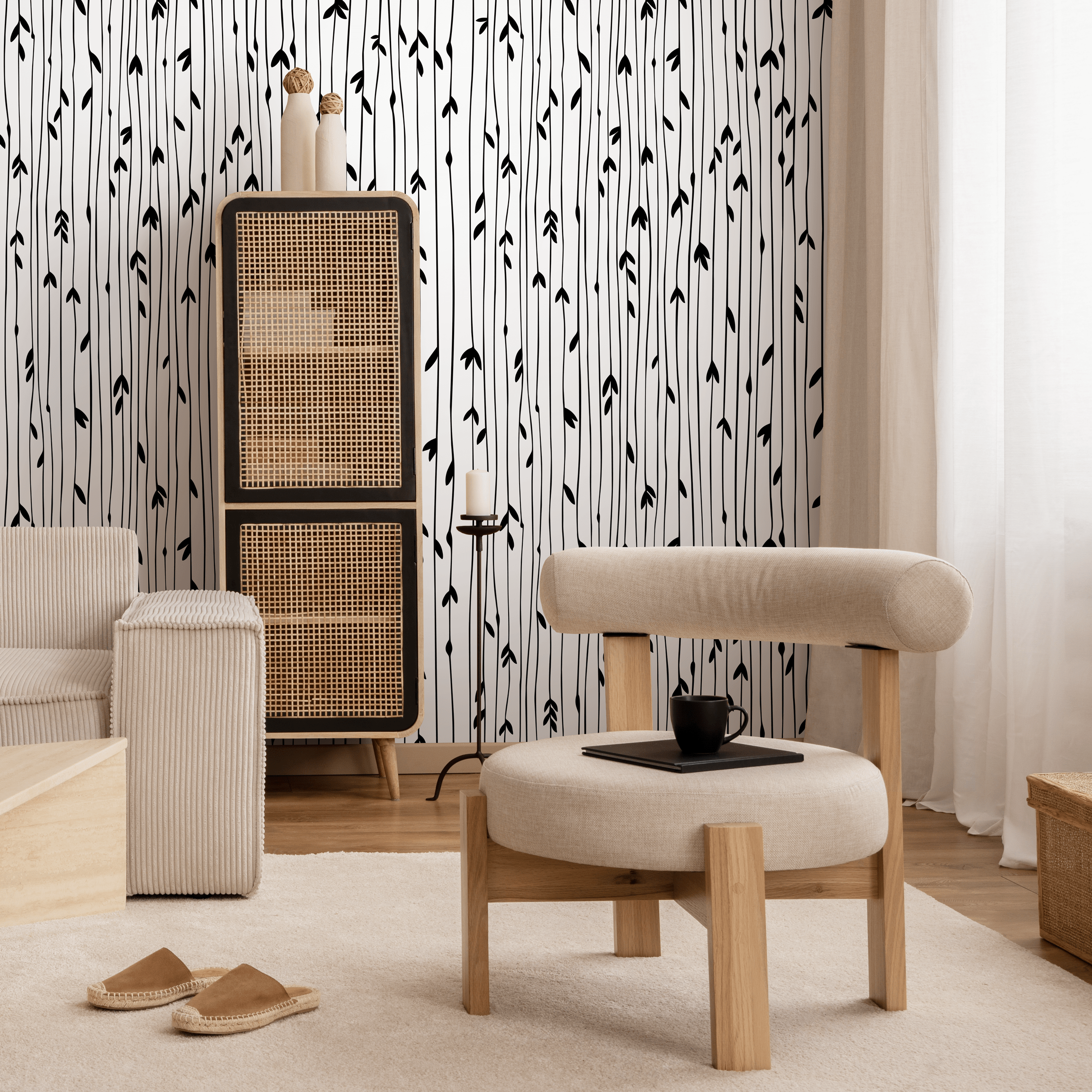 Scandinavian Wallpaper With Hand-drawn Leafy Stems In Black And White - B060