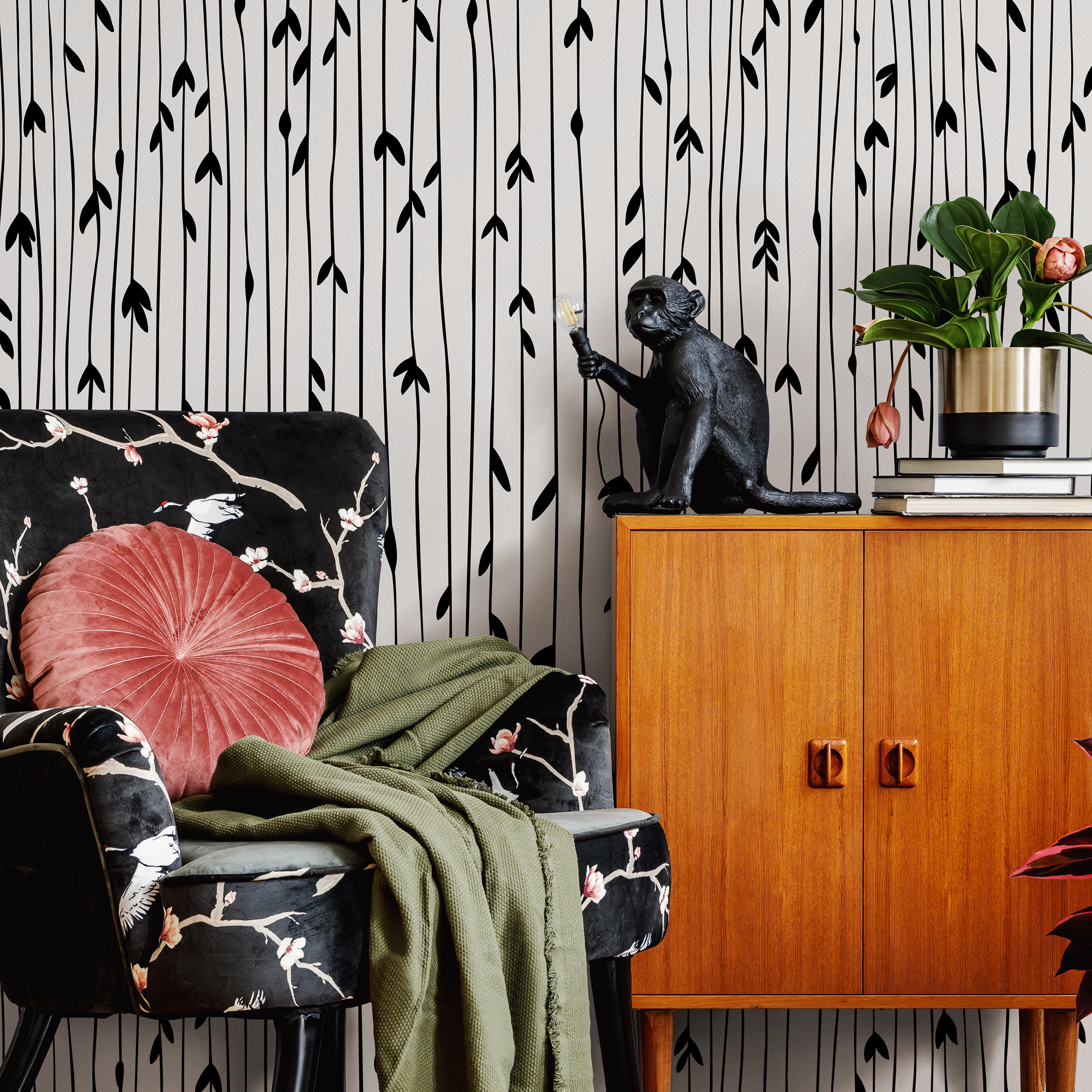 Scandinavian Wallpaper With Hand-drawn Leafy Stems In Black And White - B060
