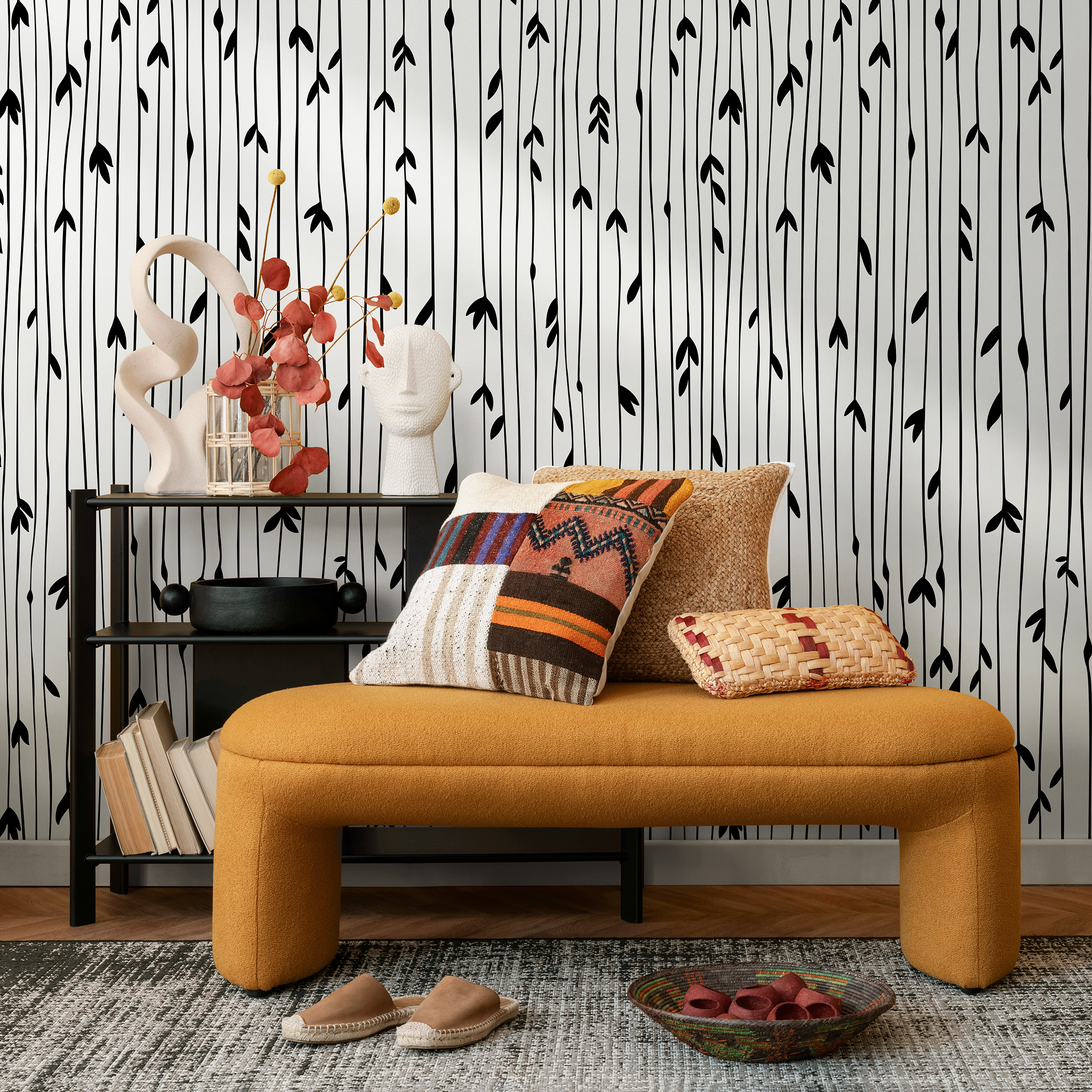 Scandinavian Wallpaper With Hand-drawn Leafy Stems In Black And White - B060