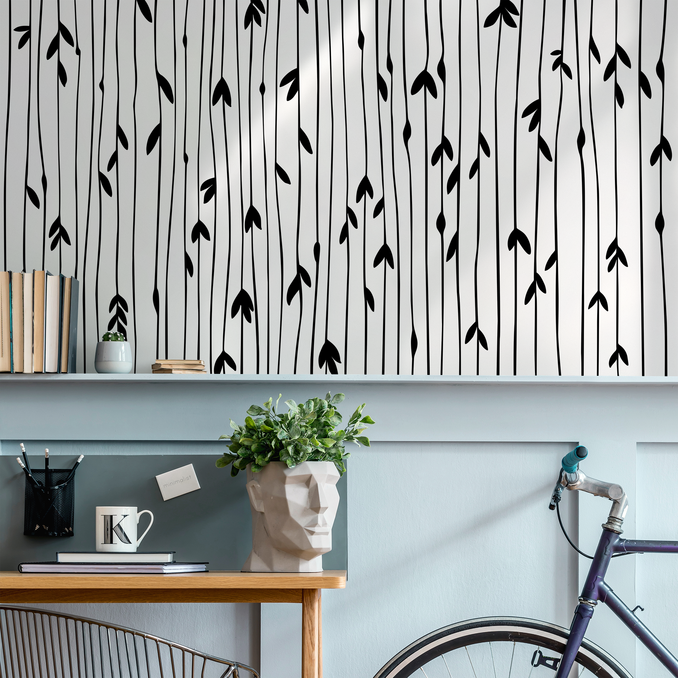 Scandinavian Wallpaper With Hand-drawn Leafy Stems In Black And White - B060