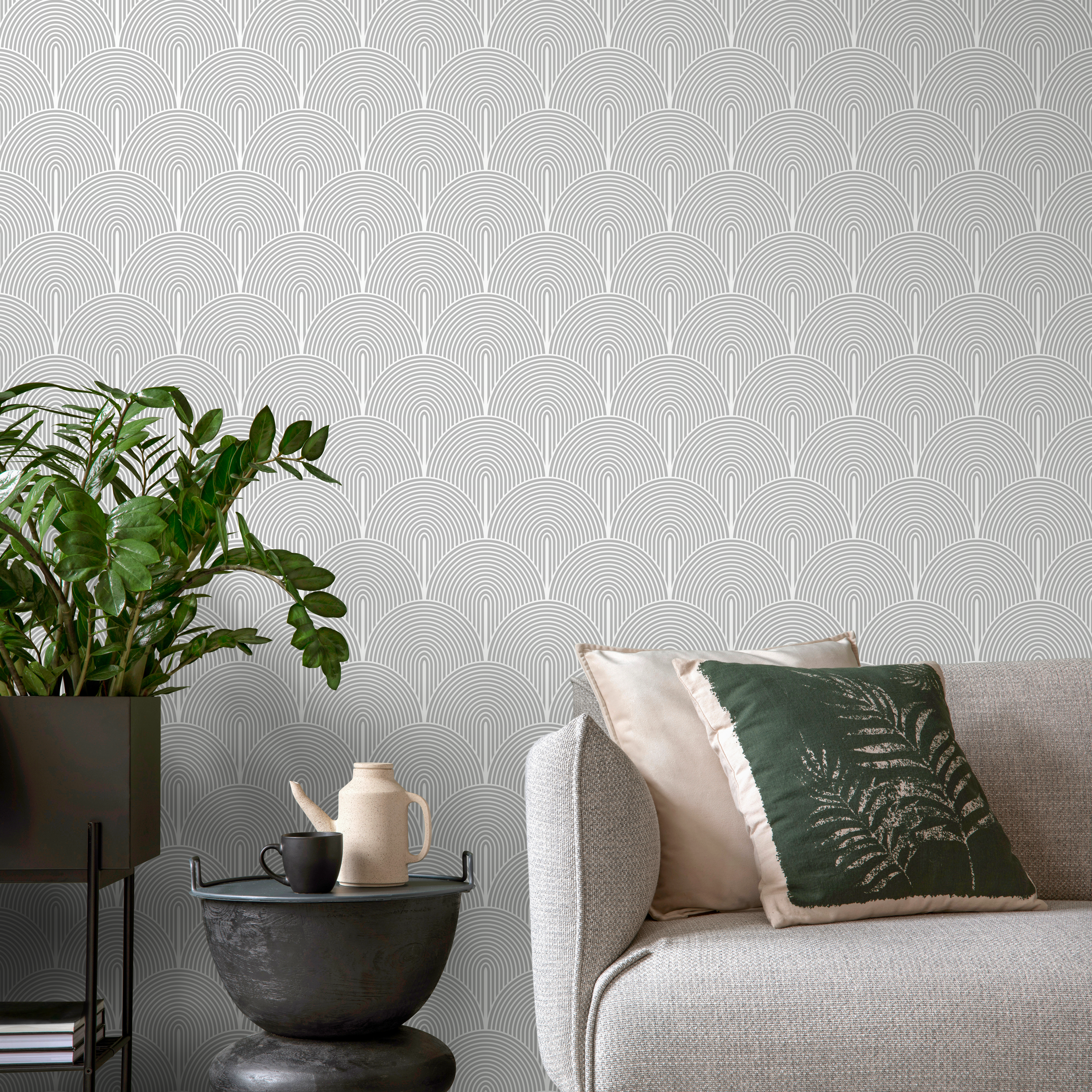 Art Deco Wallpaper With A Scalloped Arch Motif In Gray And Off-white - B063