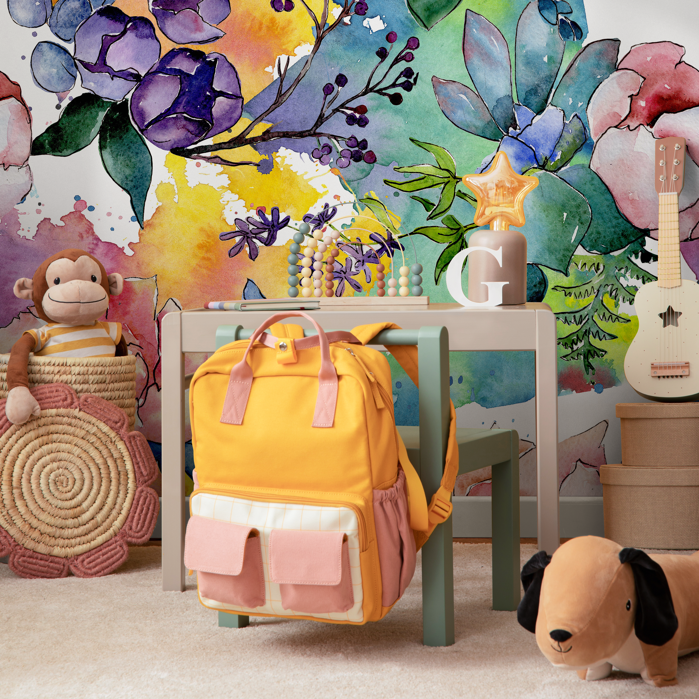 Watercolor Floral Wallpaper With Peonies And Succulents In Pink And Blue - B064