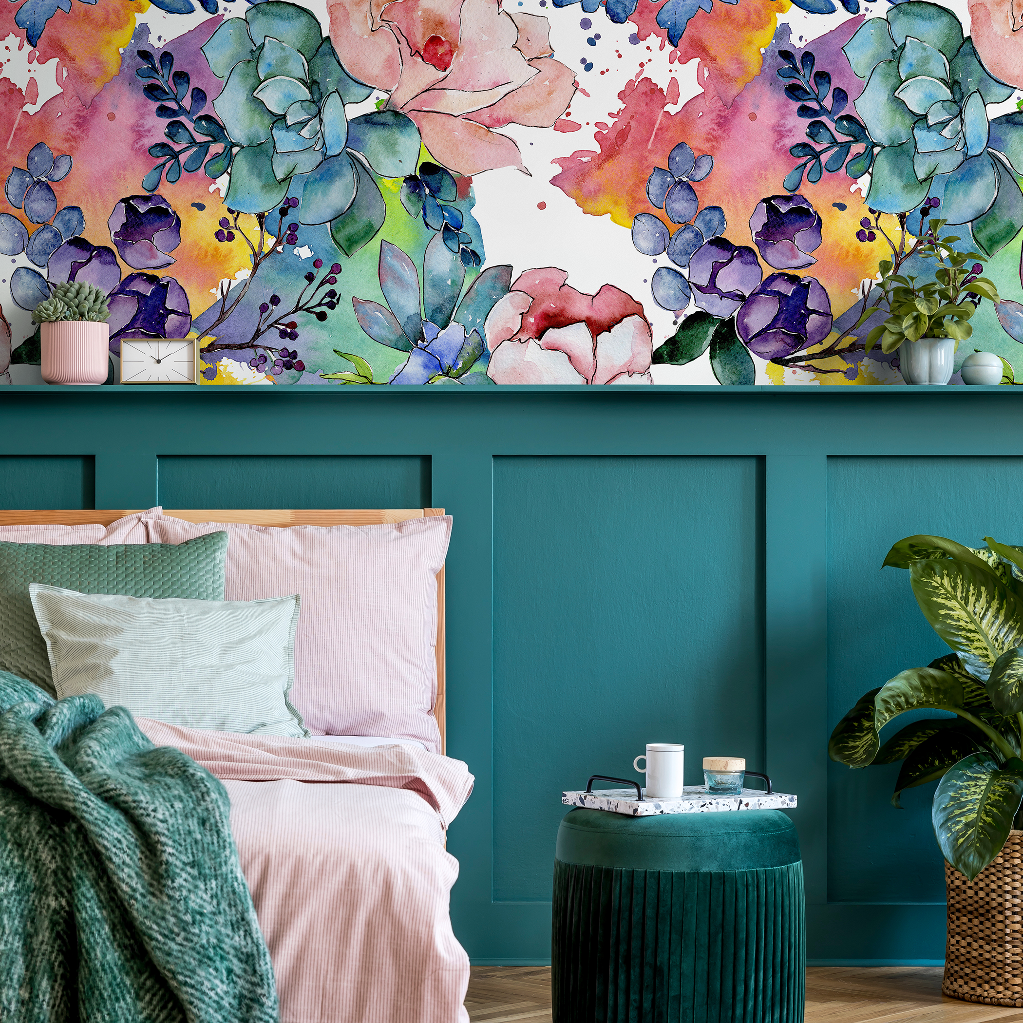 Watercolor Floral Wallpaper With Peonies And Succulents In Pink And Blue - B064