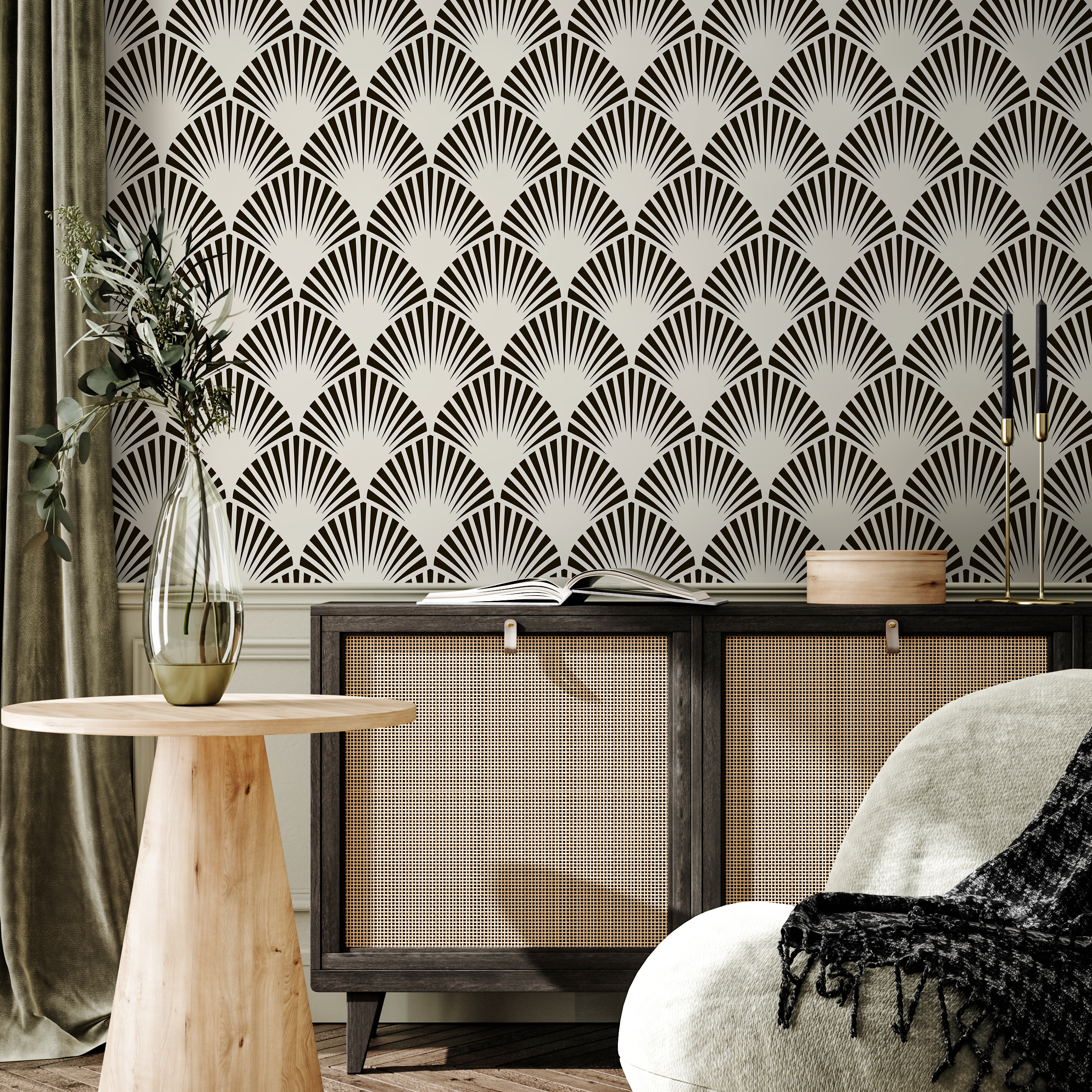 Art Deco Wallpaper With A Stylized Fan Motif In Black And Light Grey - B074