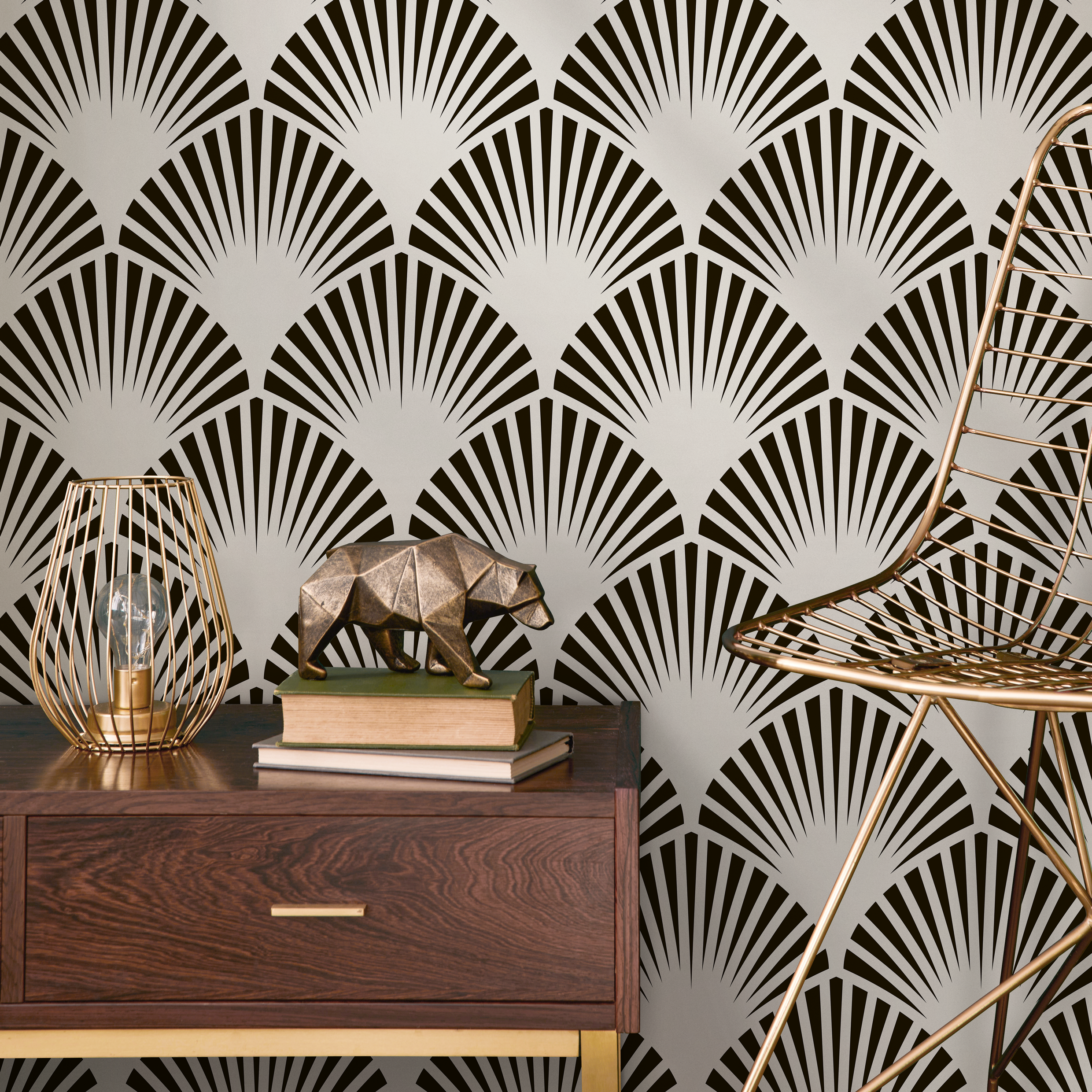 Art Deco Wallpaper With A Stylized Fan Motif In Black And Light Grey - B074