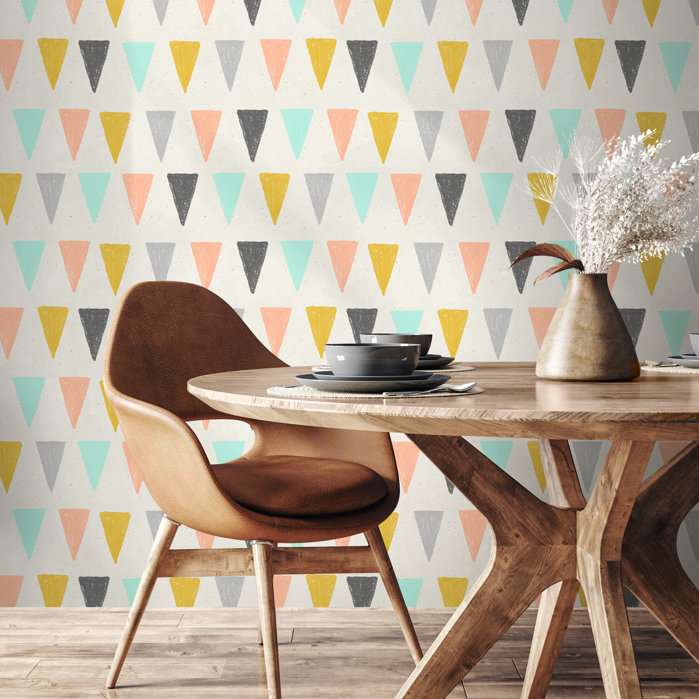 Geometric Wallpaper With Hand-drawn Triangles In Pink, Yellow, And Mint - B075