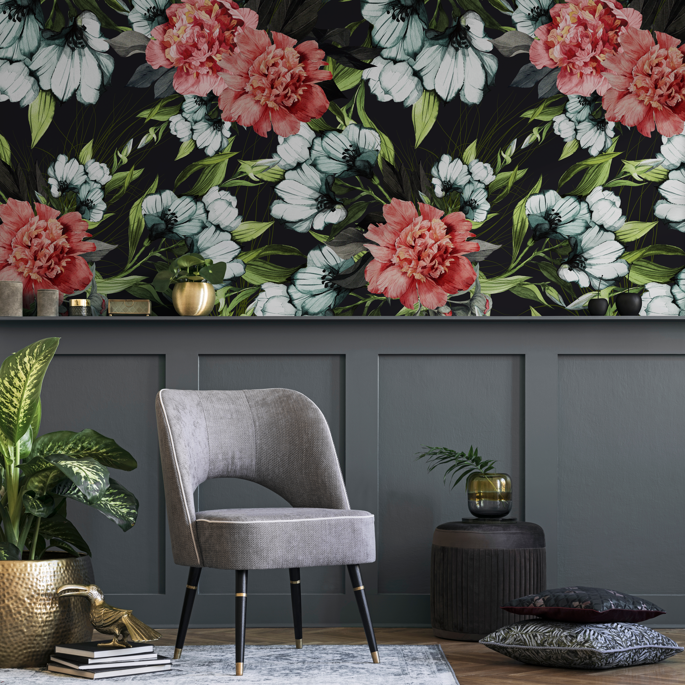 Floral Wallpaper With Vintage Peonies And Blooms In Red, White, And Green - B081