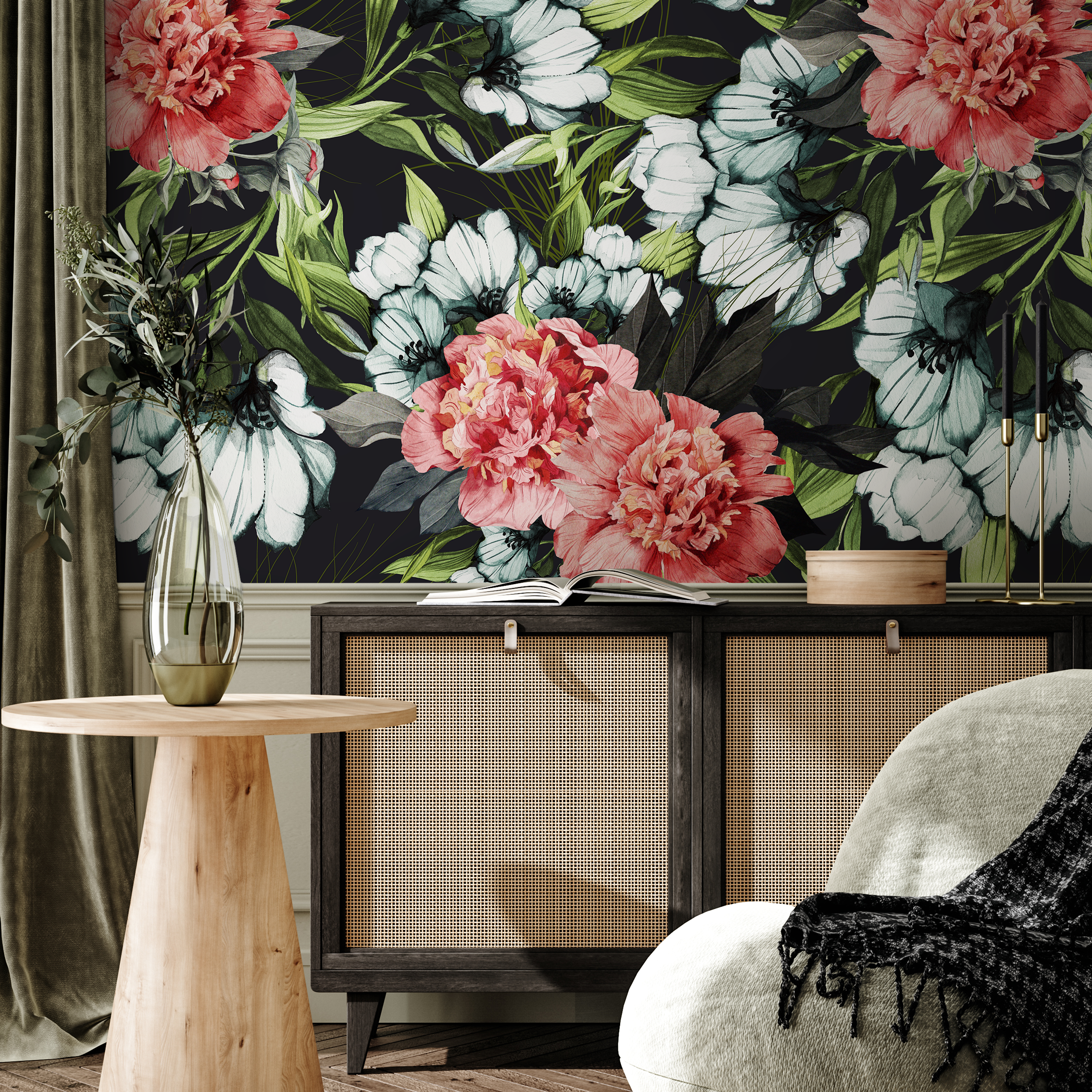 Floral Wallpaper With Vintage Peonies And Blooms In Red, White, And Green - B081