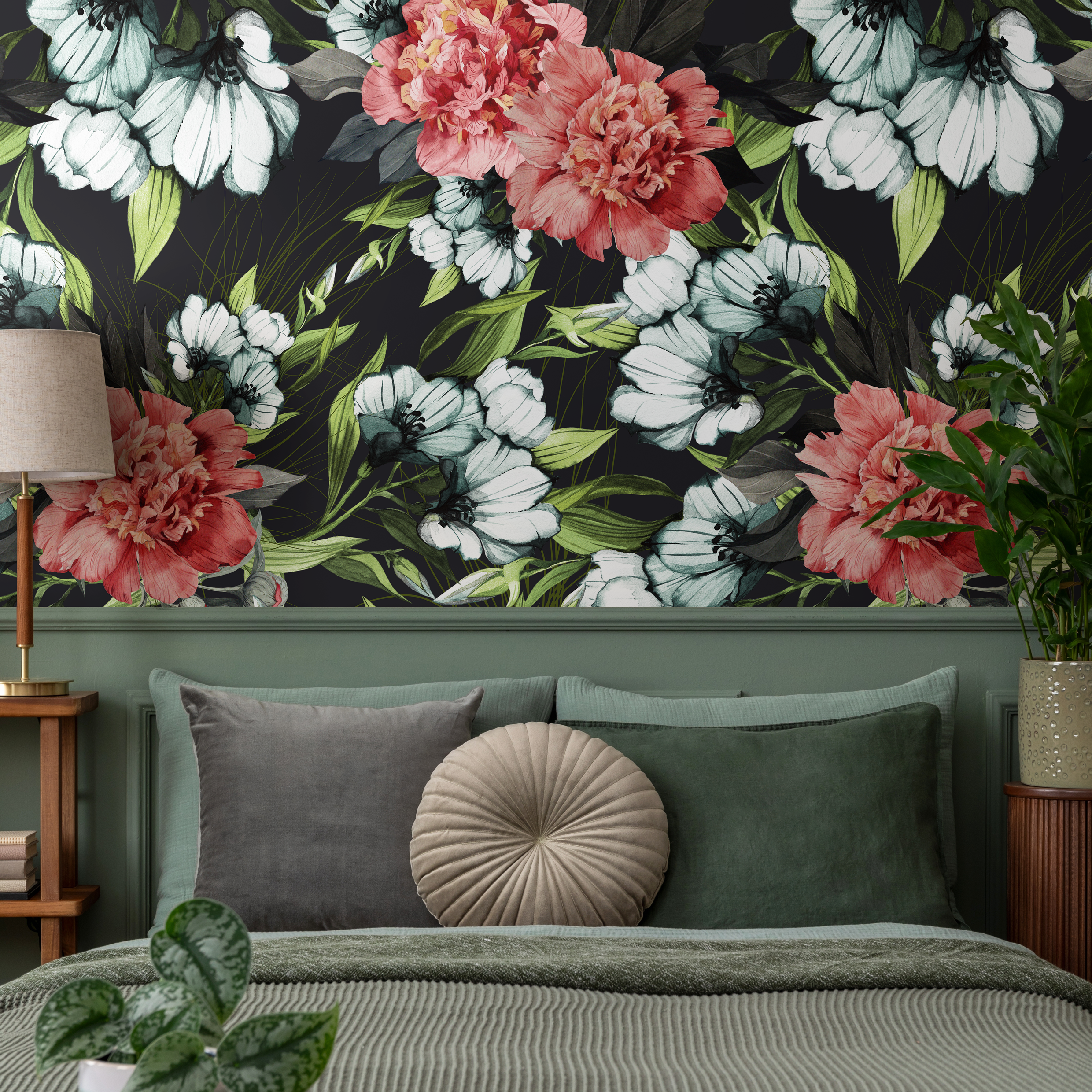 Floral Wallpaper With Vintage Peonies And Blooms In Red, White, And Green - B081