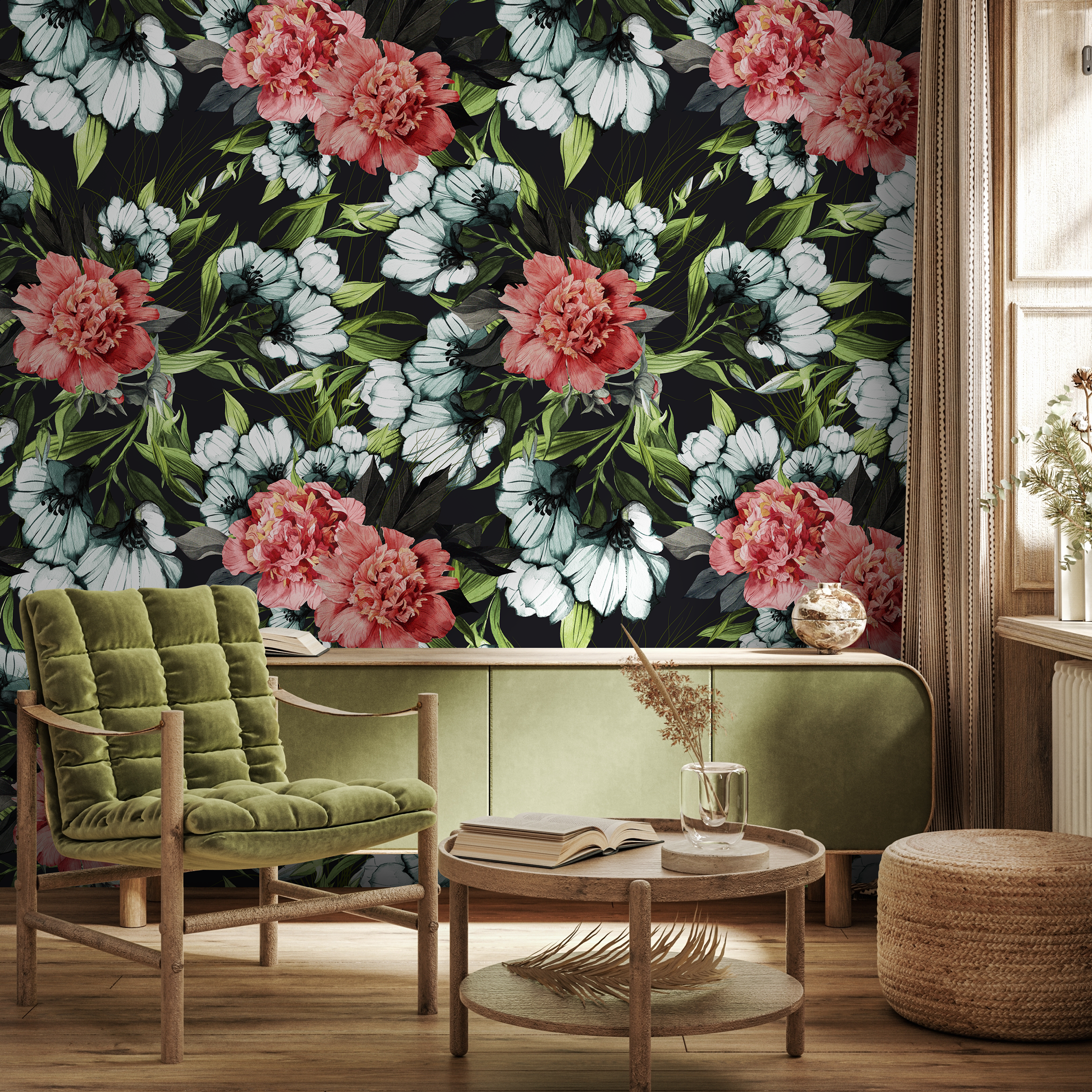 Floral Wallpaper With Vintage Peonies And Blooms In Red, White, And Green - B081