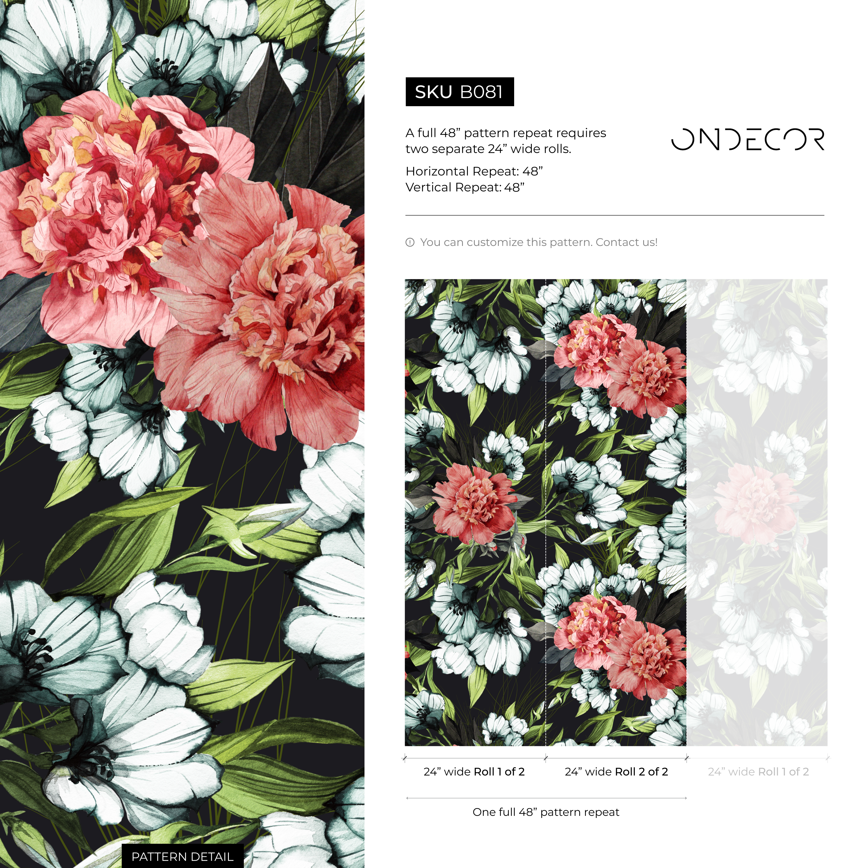 Floral Wallpaper With Vintage Peonies And Blooms In Red, White, And Green - B081