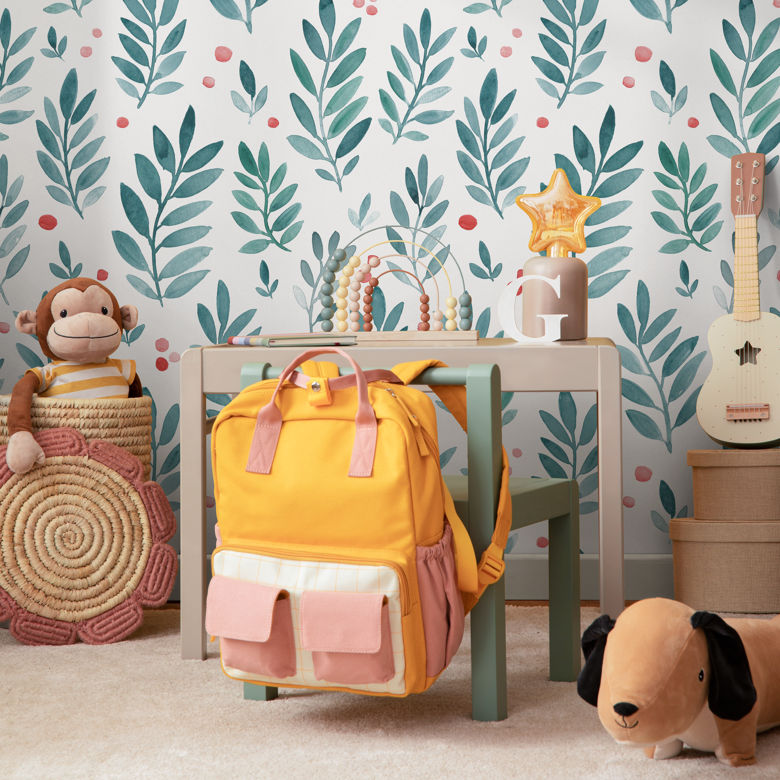 Botanical Wallpaper With Watercolor Leaves And Berries In Green And Red - B082