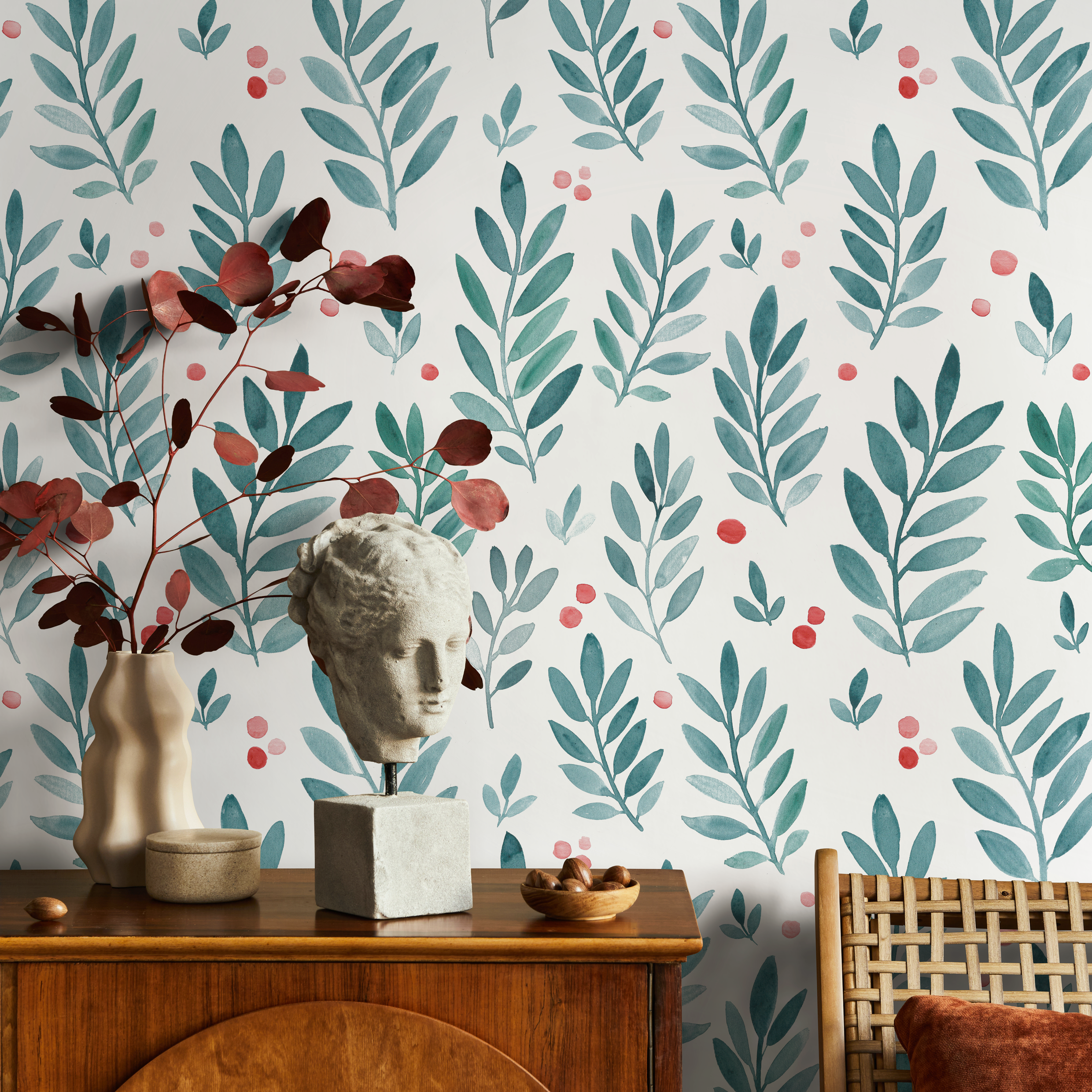 Botanical Wallpaper With Watercolor Leaves And Berries In Green And Red - B082