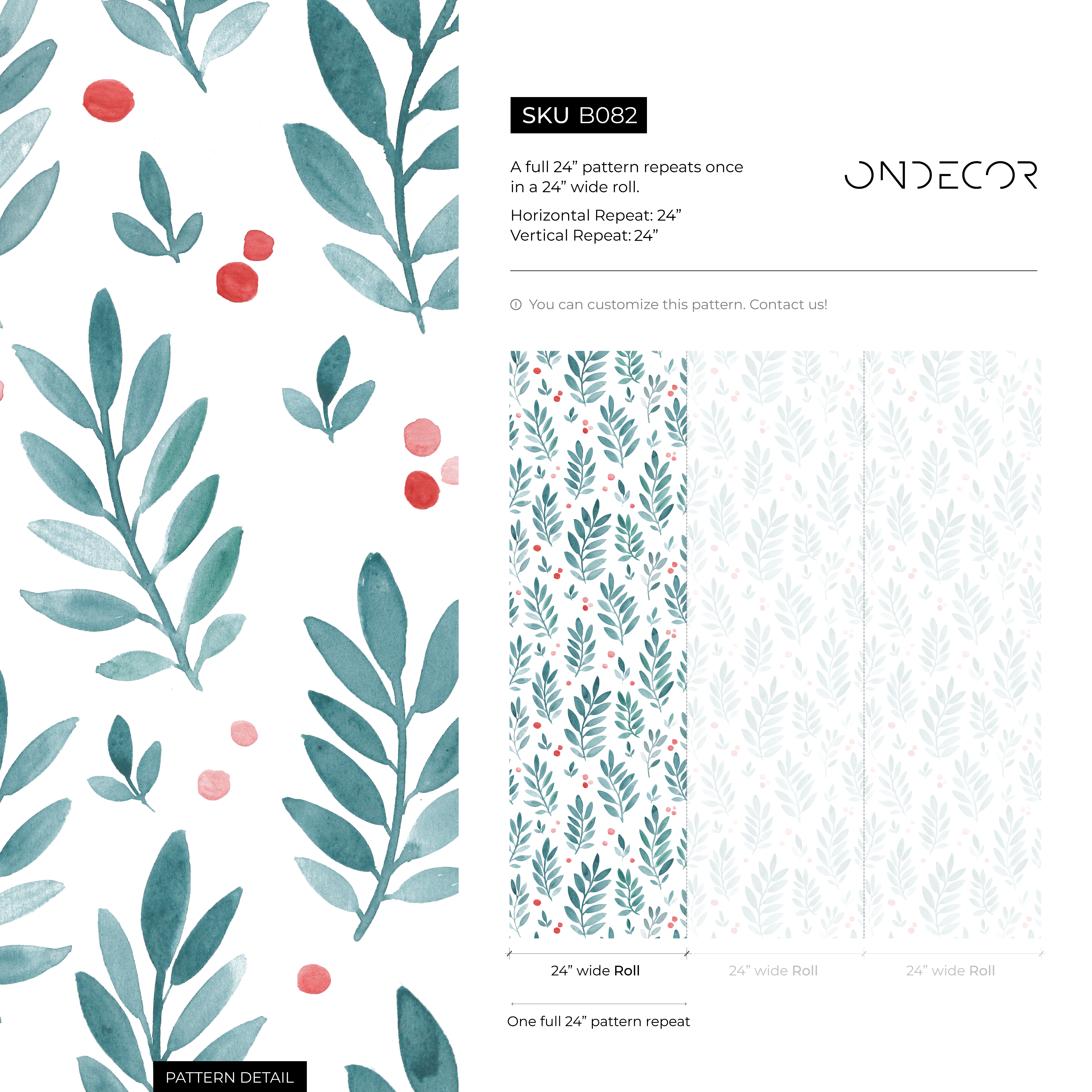 Botanical Wallpaper With Watercolor Leaves And Berries In Green And Red - B082