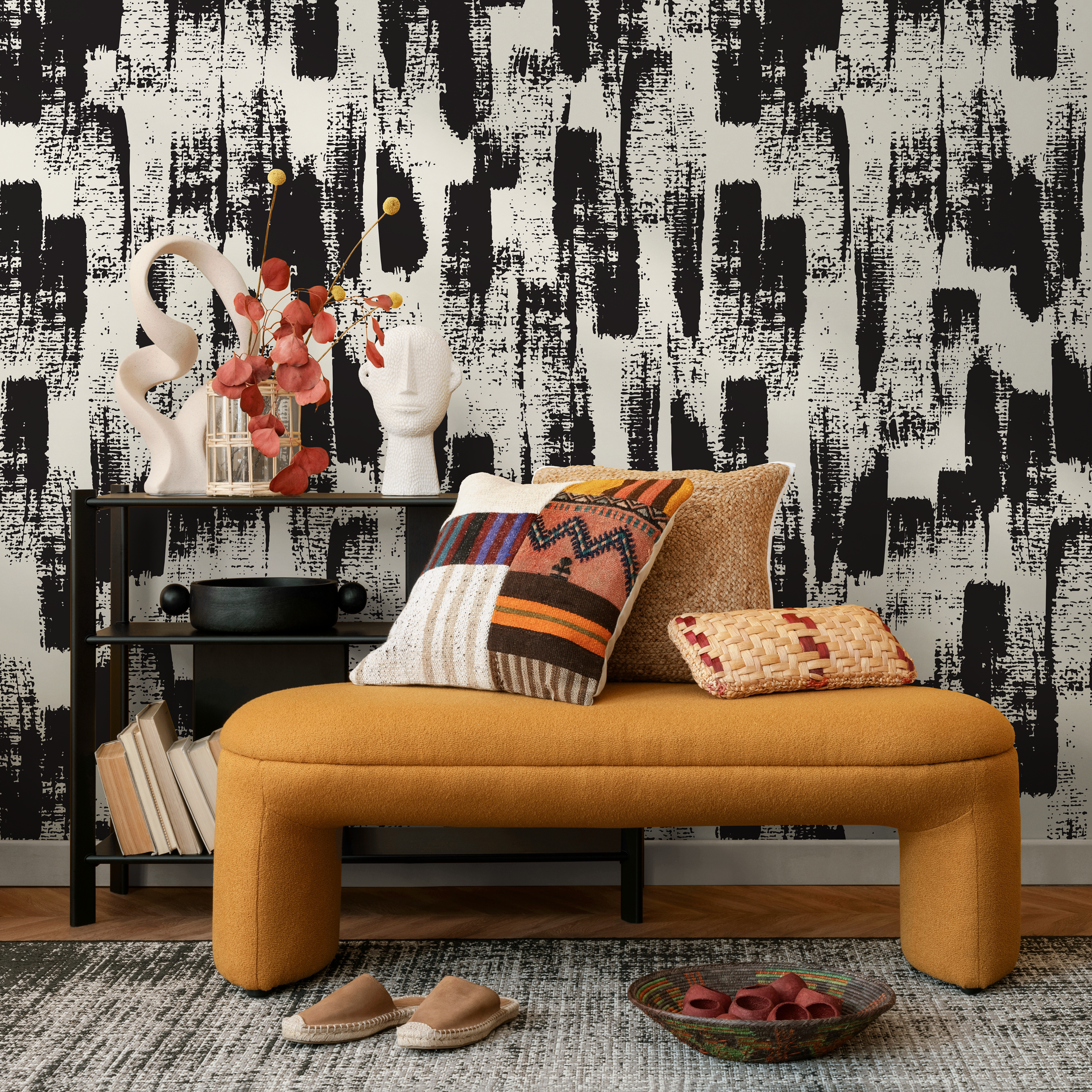 Abstract Wallpaper With Bold Brush Strokes In Black And Cream - B086