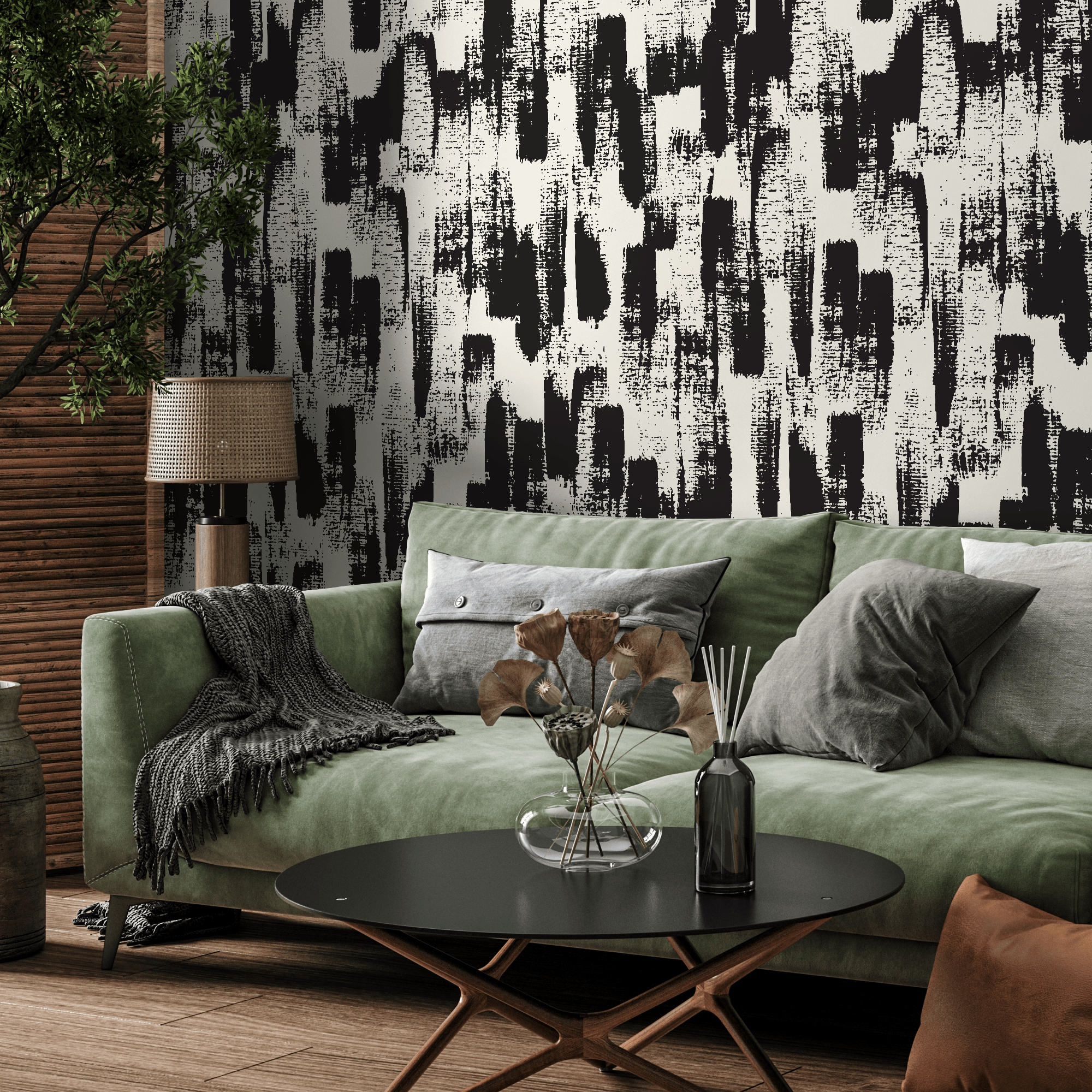 Abstract Wallpaper With Bold Brush Strokes In Black And Cream - B086