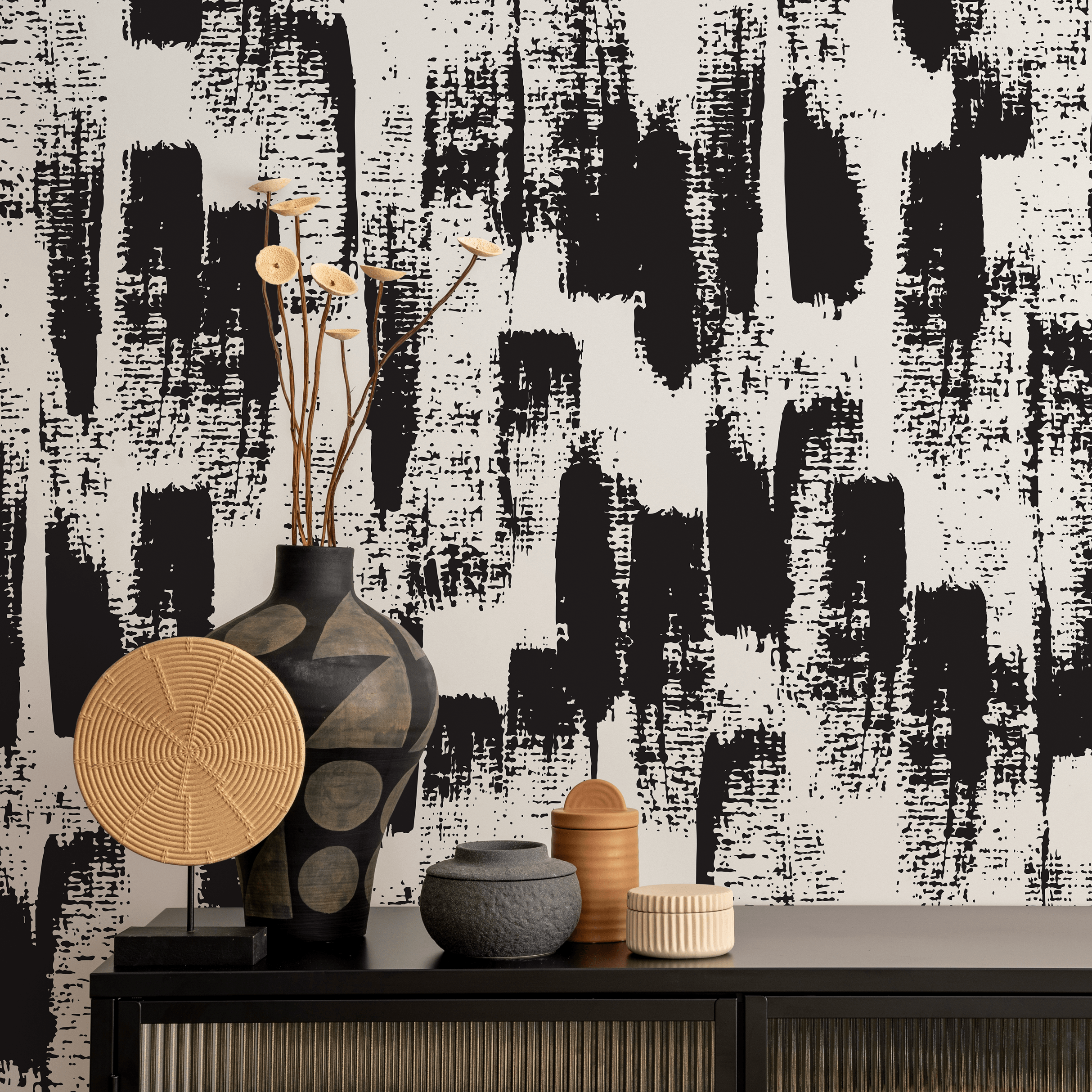 Abstract Wallpaper With Bold Brush Strokes In Black And Cream - B086