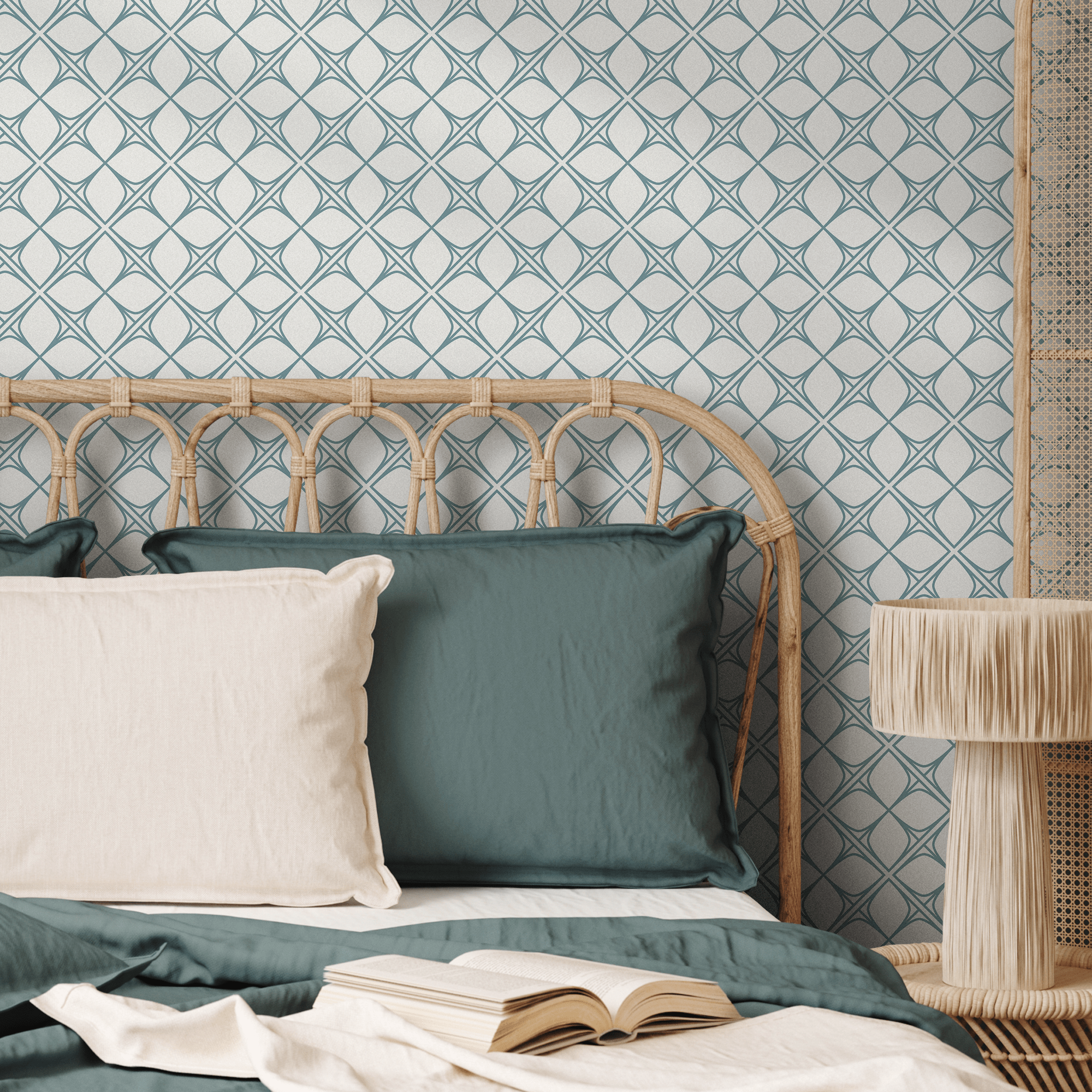 Geometric Wallpaper With A Scandinavian Trellis In Teal - B088