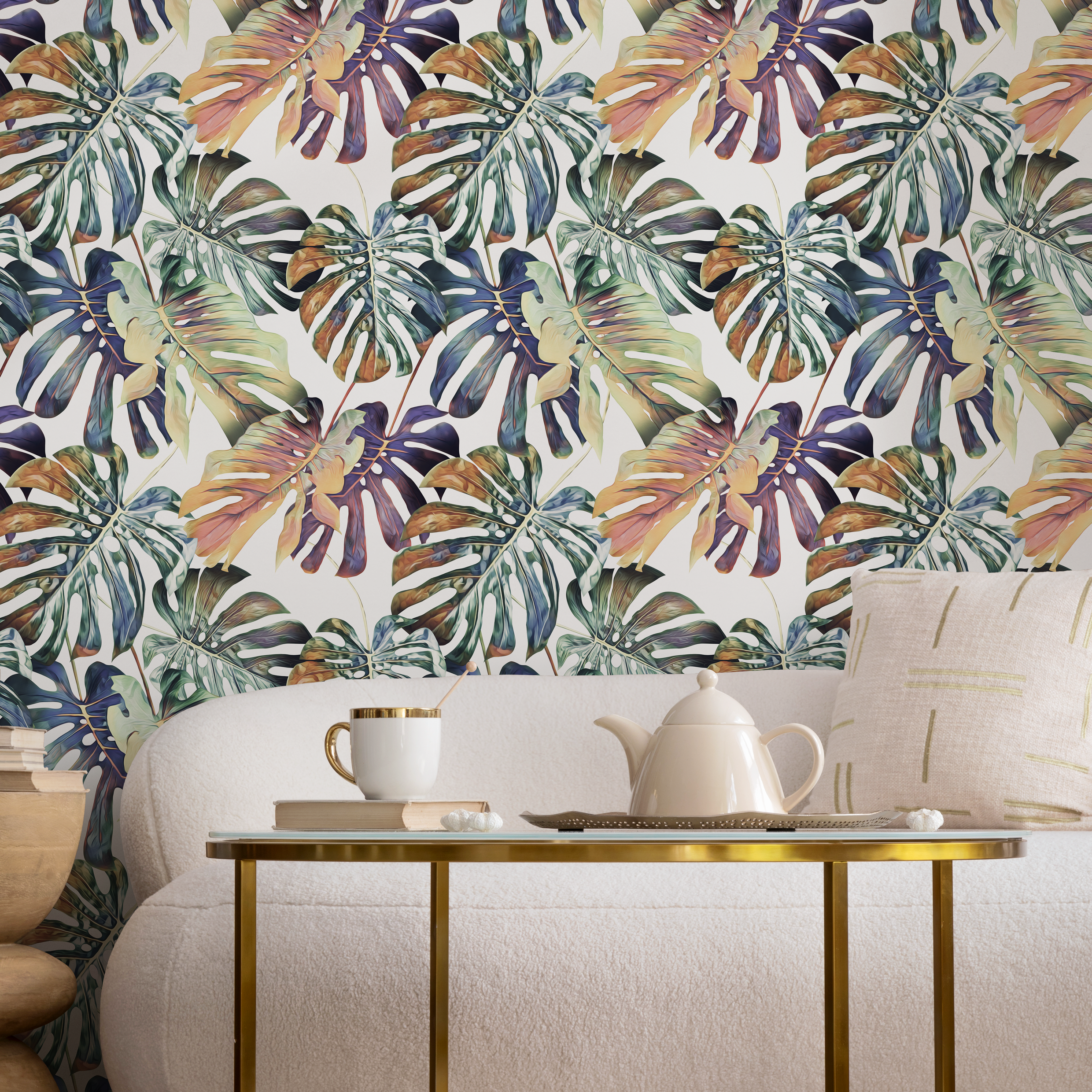 Botanical Wallpaper With Painterly Monstera Leaves In Green, Blue, And Orange - B092