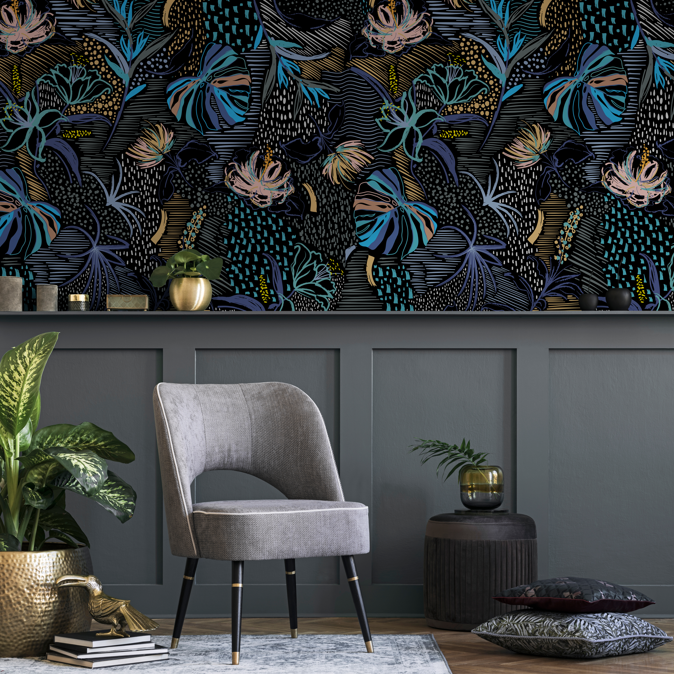Abstract Wallpaper With Stylized Tropical Florals In Blue, Gold, And Pink - B096