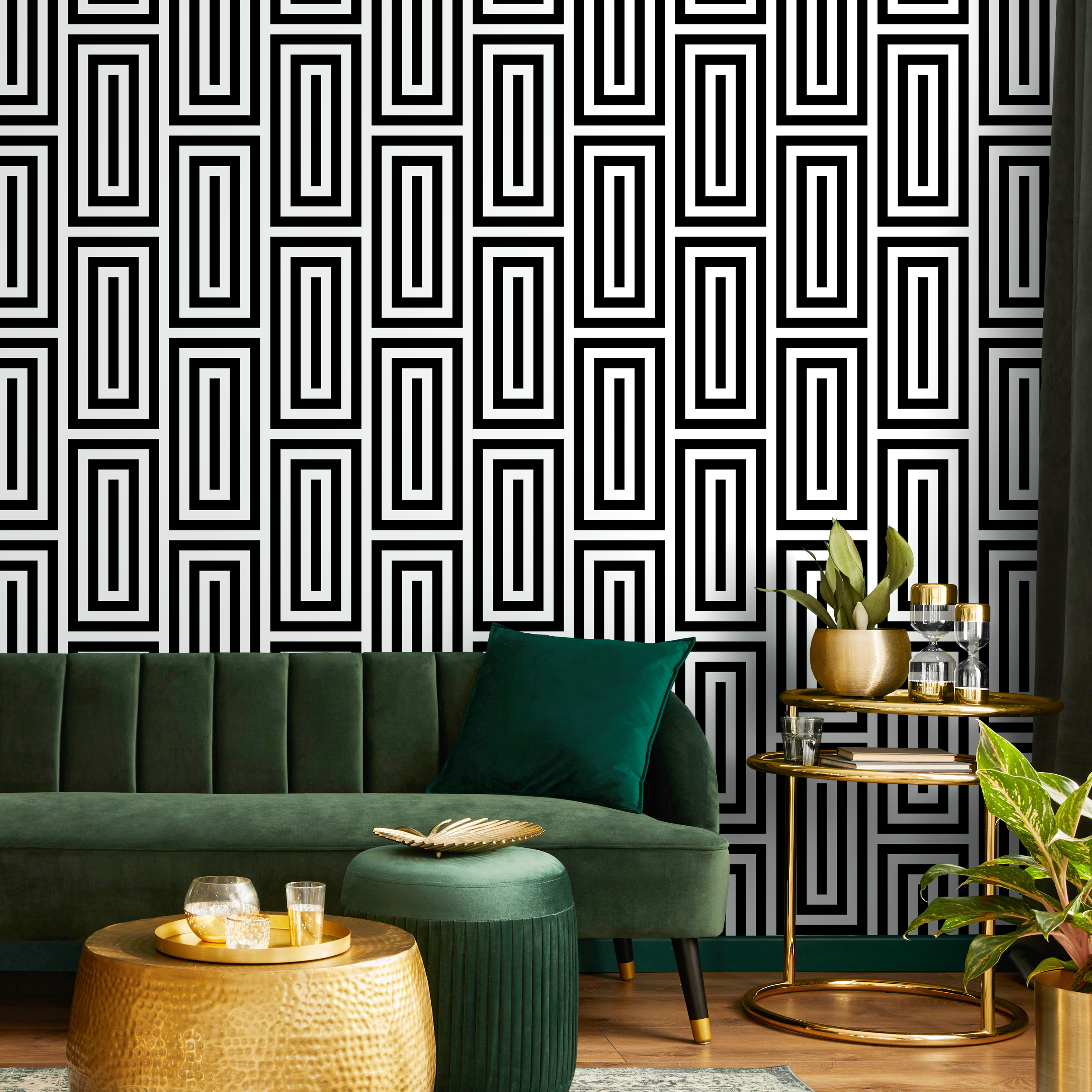 Geometric Wallpaper With Interlocking Lines In Black And White - B098