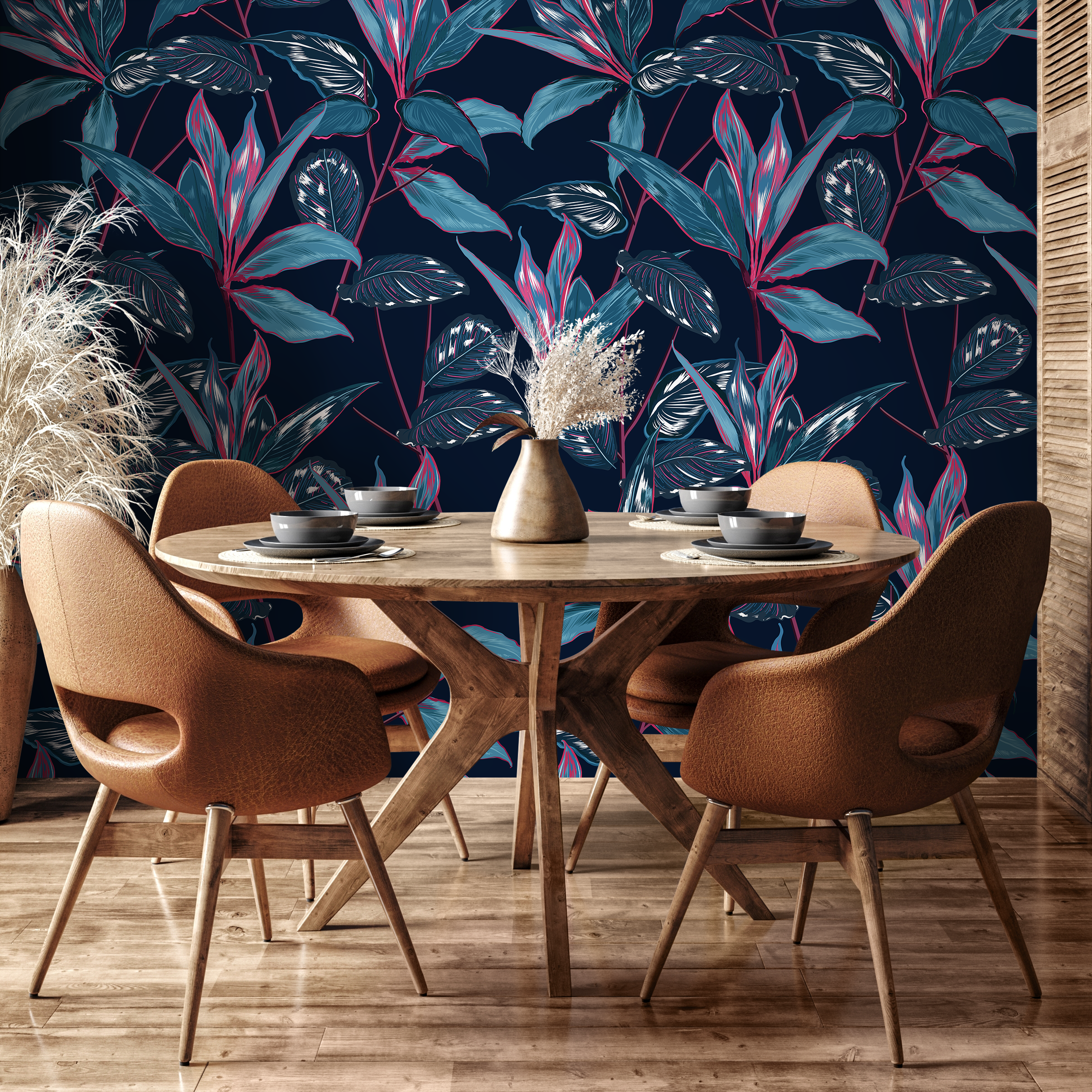 Botanical Wallpaper Featuring Tropical Leaves In Navy, Teal, And Magenta - B100