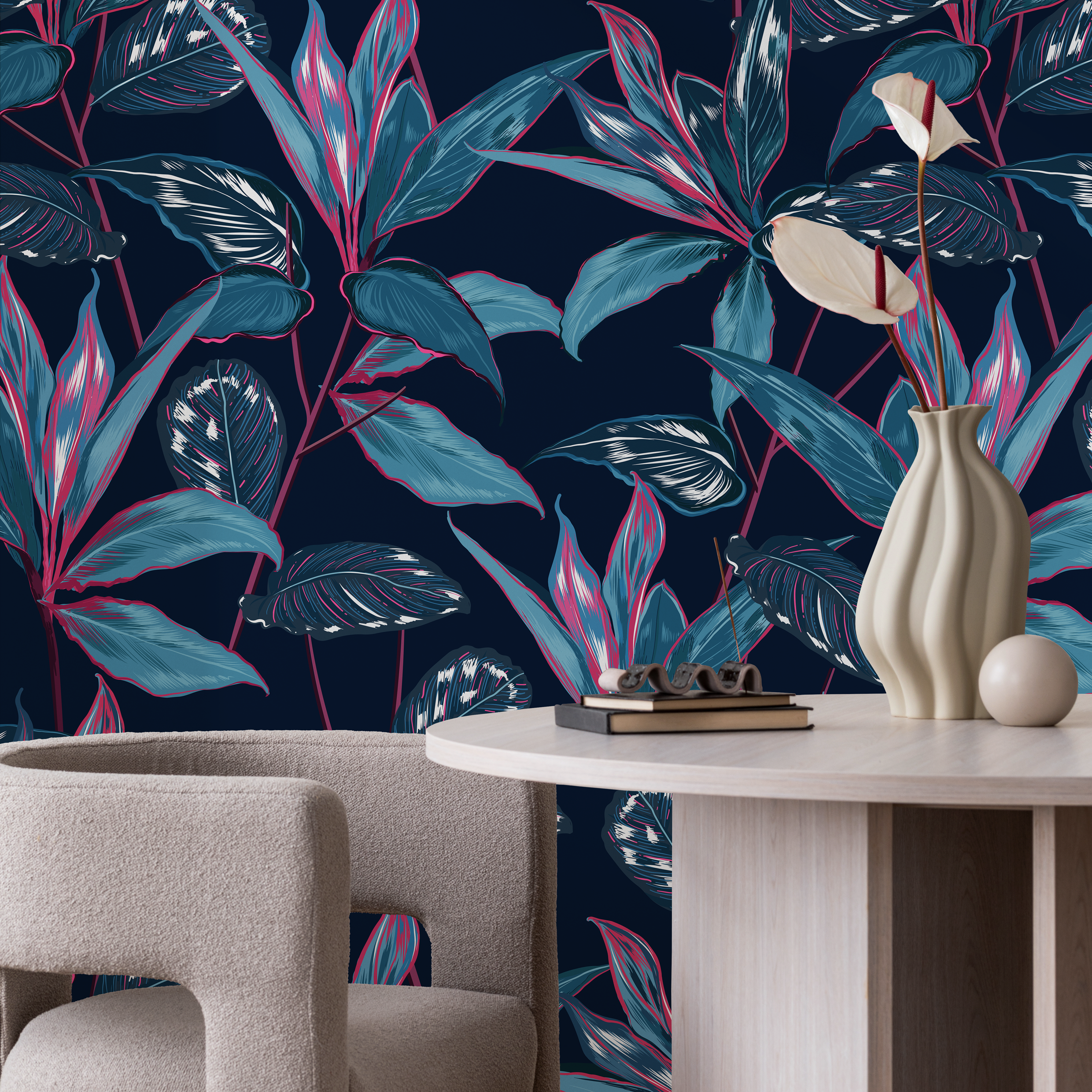 Botanical Wallpaper Featuring Tropical Leaves In Navy, Teal, And Magenta - B100
