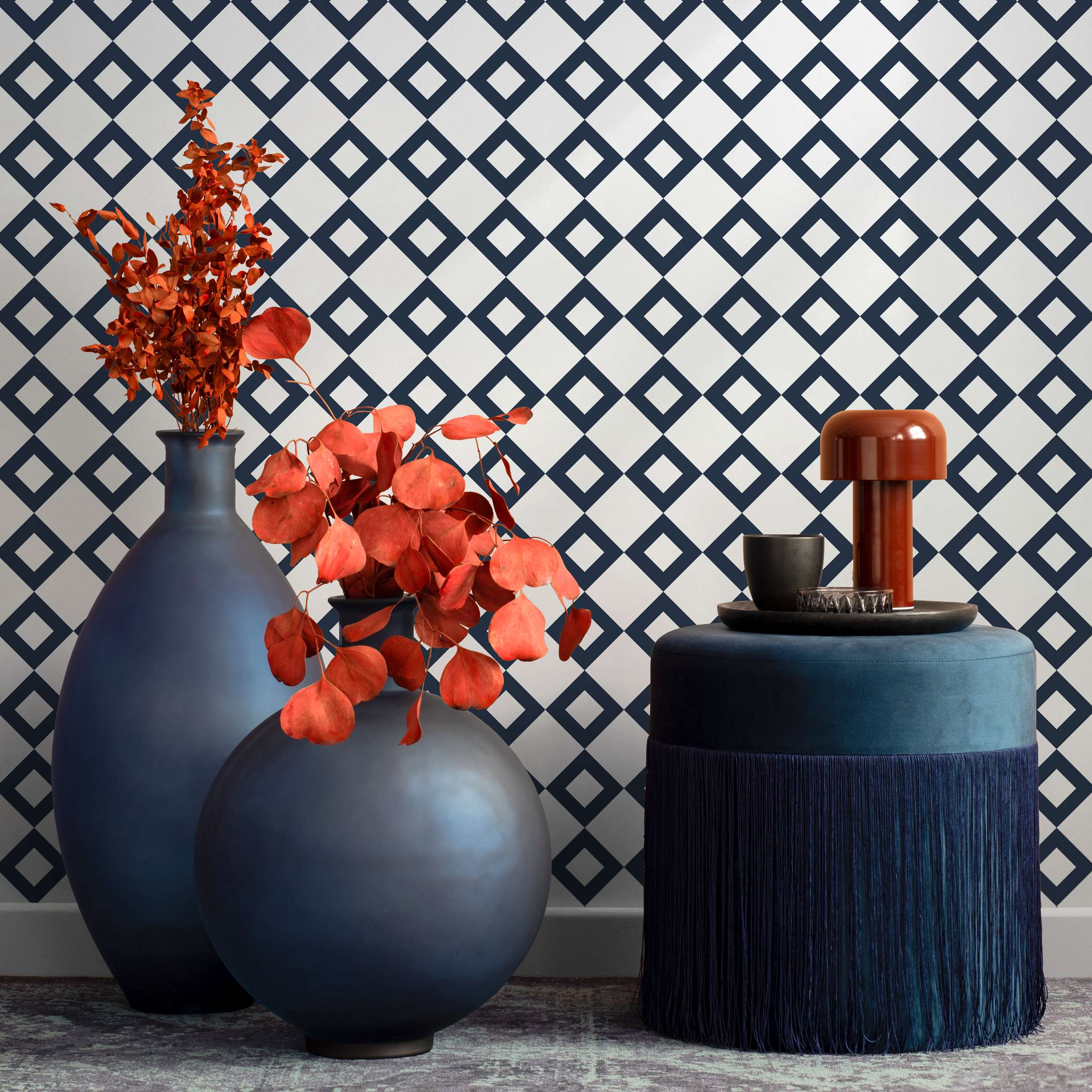 Geometric Wallpaper Featuring A Minimalist Diamond Grid In Blue And White - B107