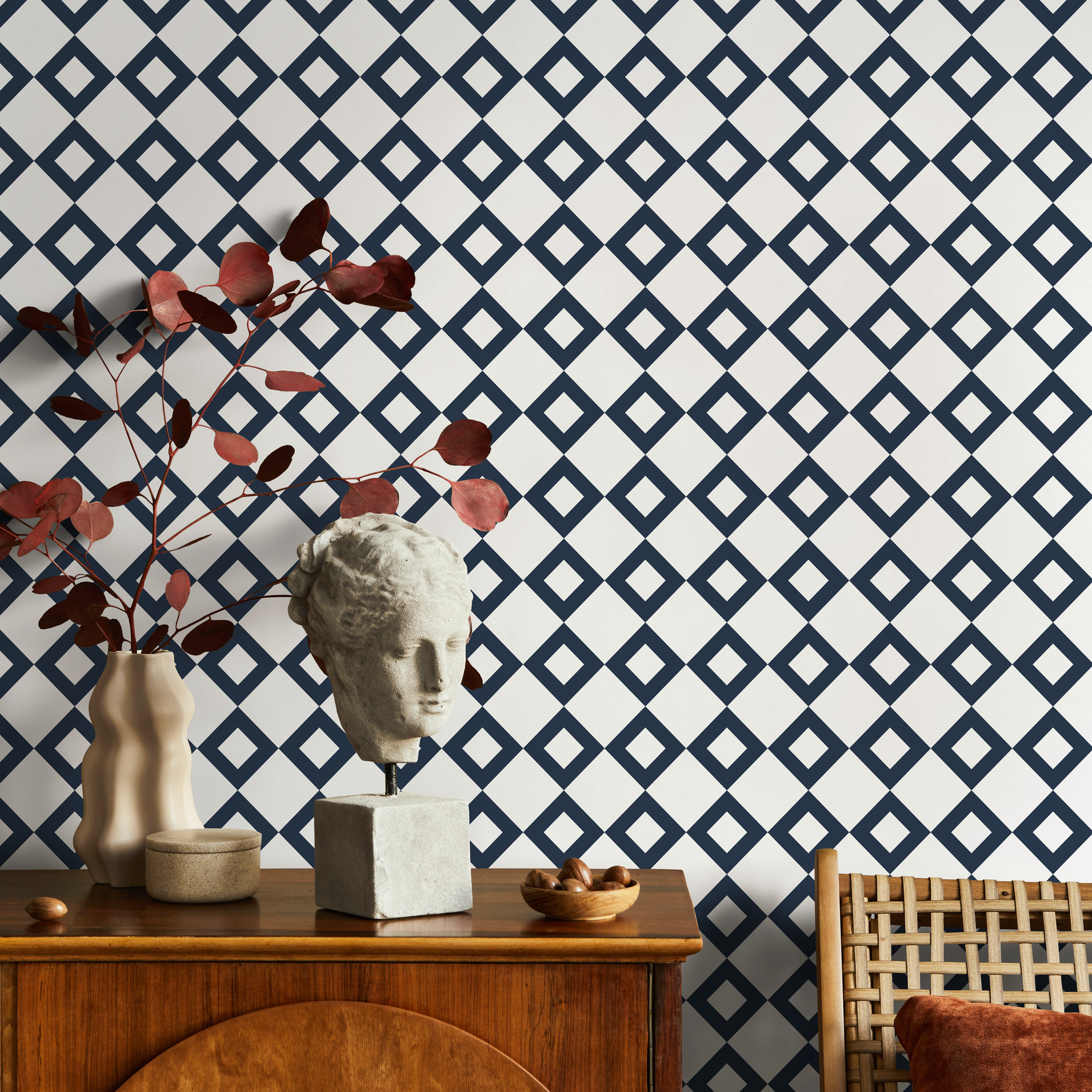 Geometric Wallpaper Featuring A Minimalist Diamond Grid In Blue And White - B107