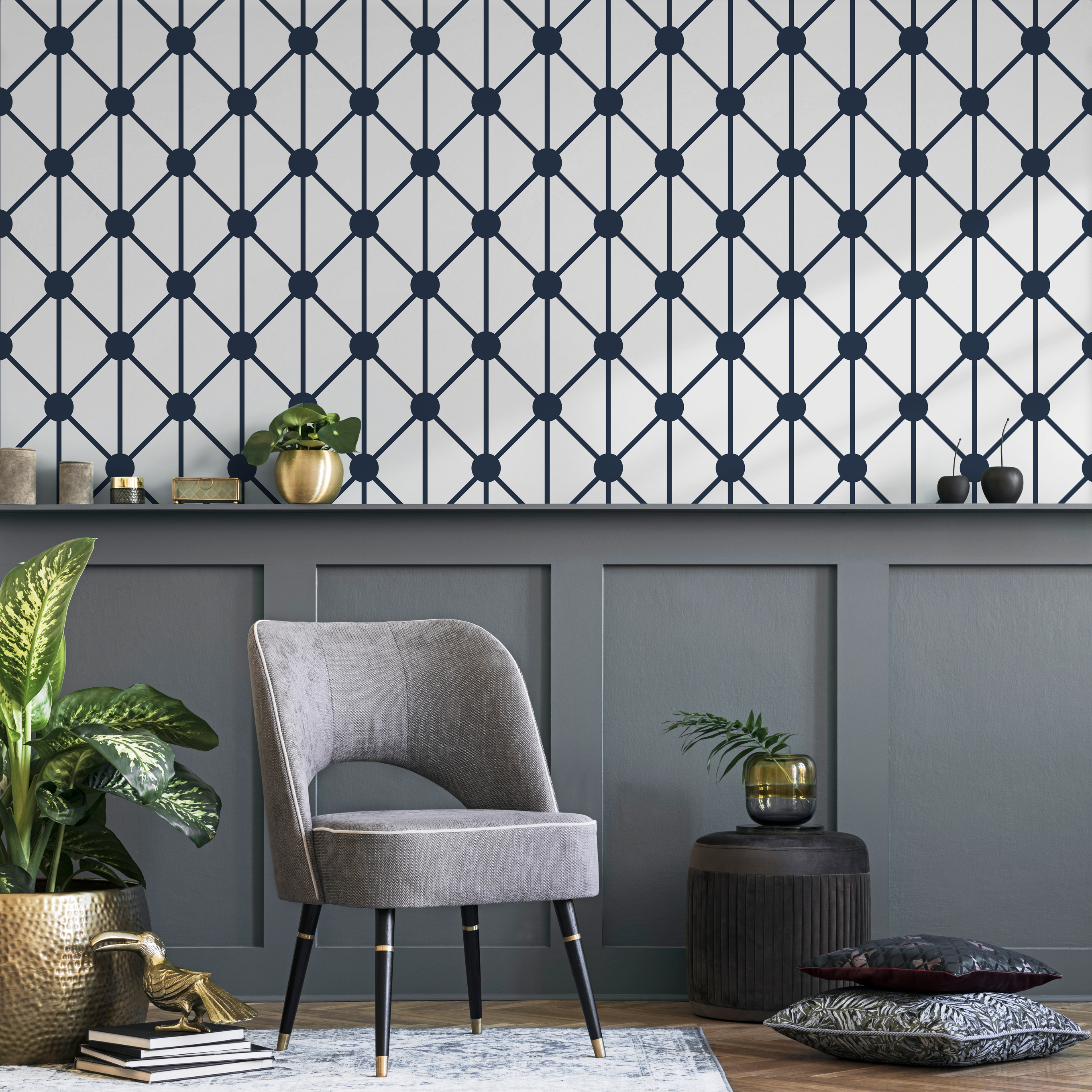 Geometric Wallpaper With A Connecting Dot Grid In Dark Blue And Light Gray - B109
