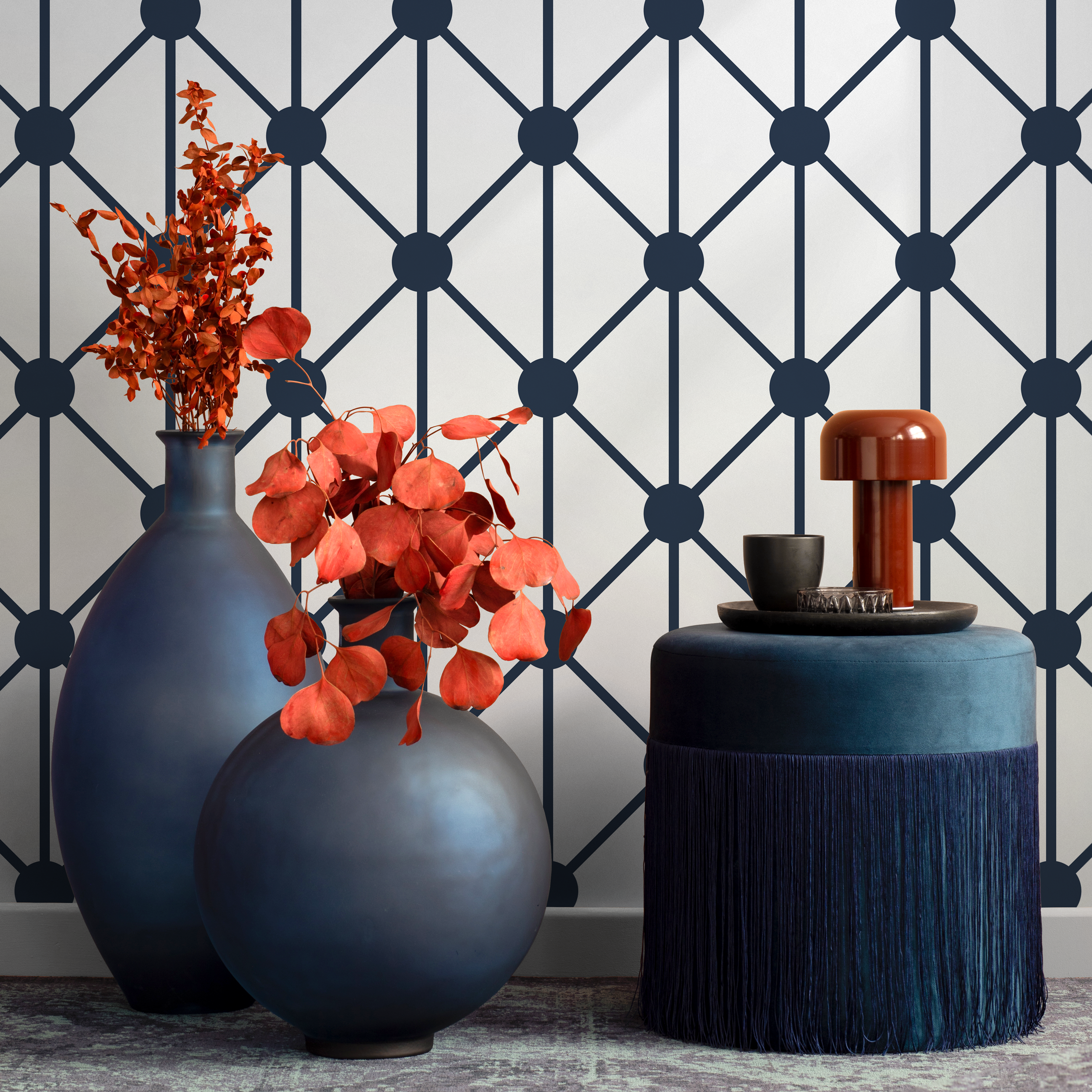 Geometric Wallpaper With A Connecting Dot Grid In Dark Blue And Light Gray - B109