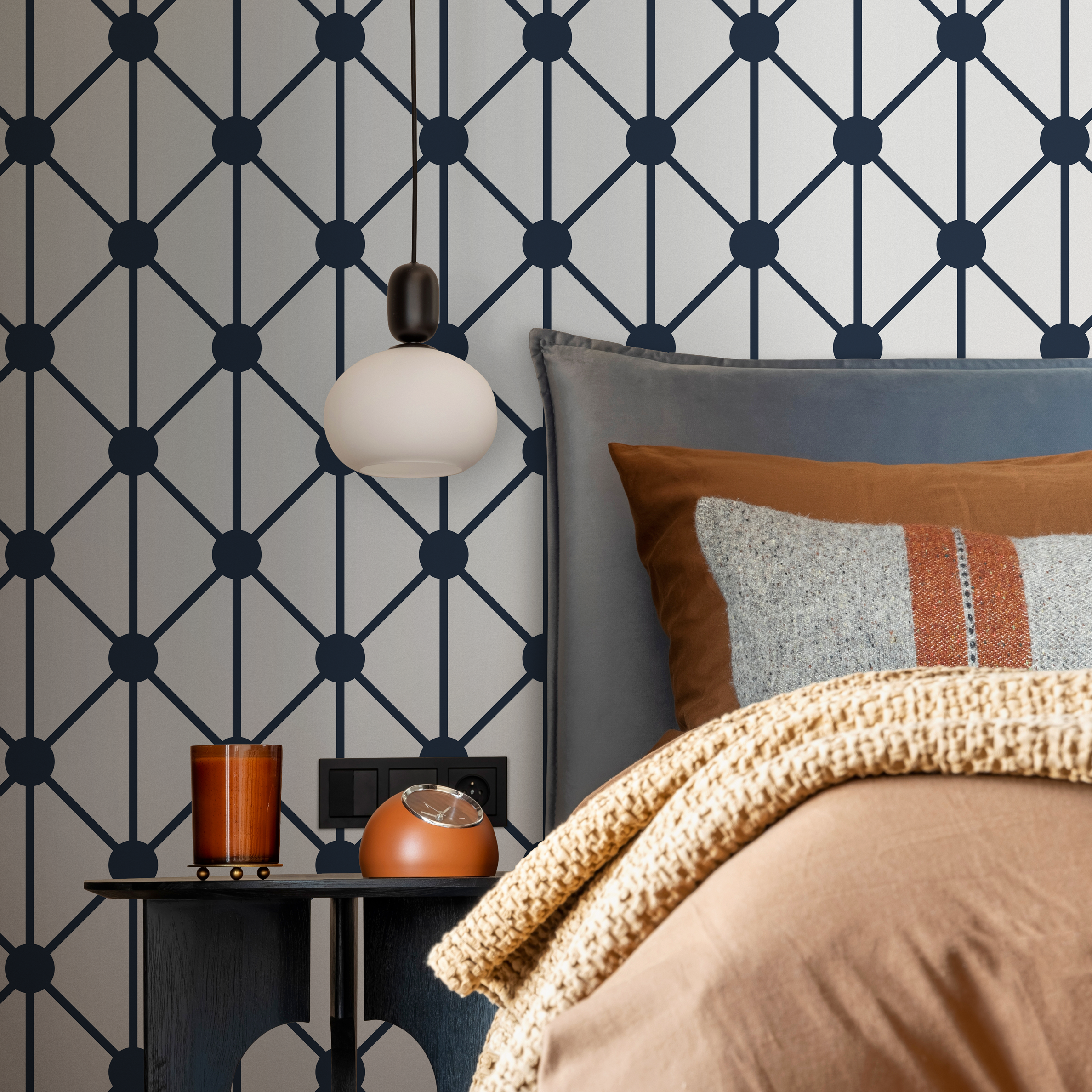 Geometric Wallpaper With A Connecting Dot Grid In Dark Blue And Light Gray - B109