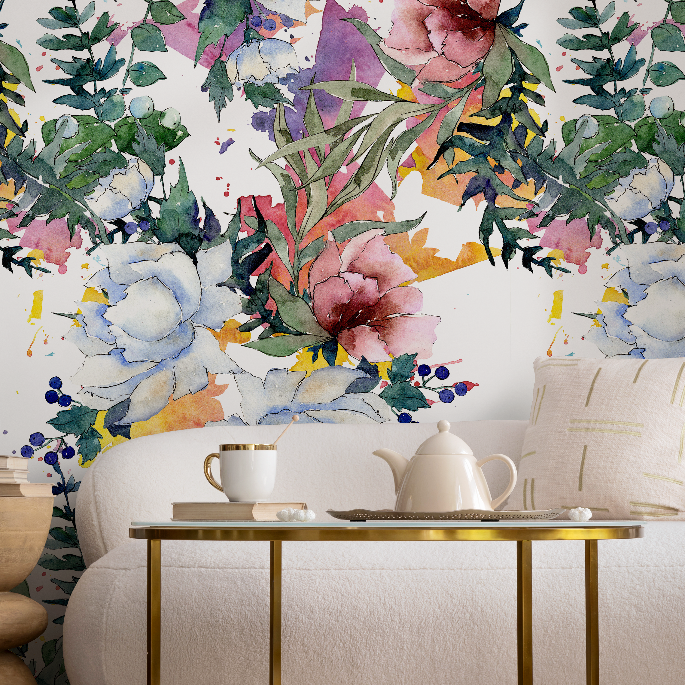 Floral Wallpaper With A Watercolor Peony Bouquet In Pink, Blue, And Green - B110