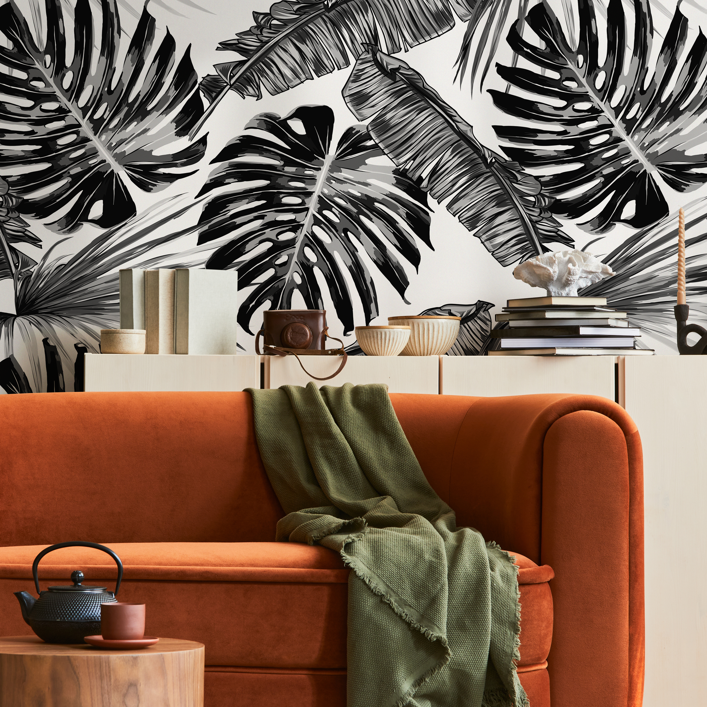 Botanical Wallpaper With Large-scale Monstera Leaves In Black And White - B118