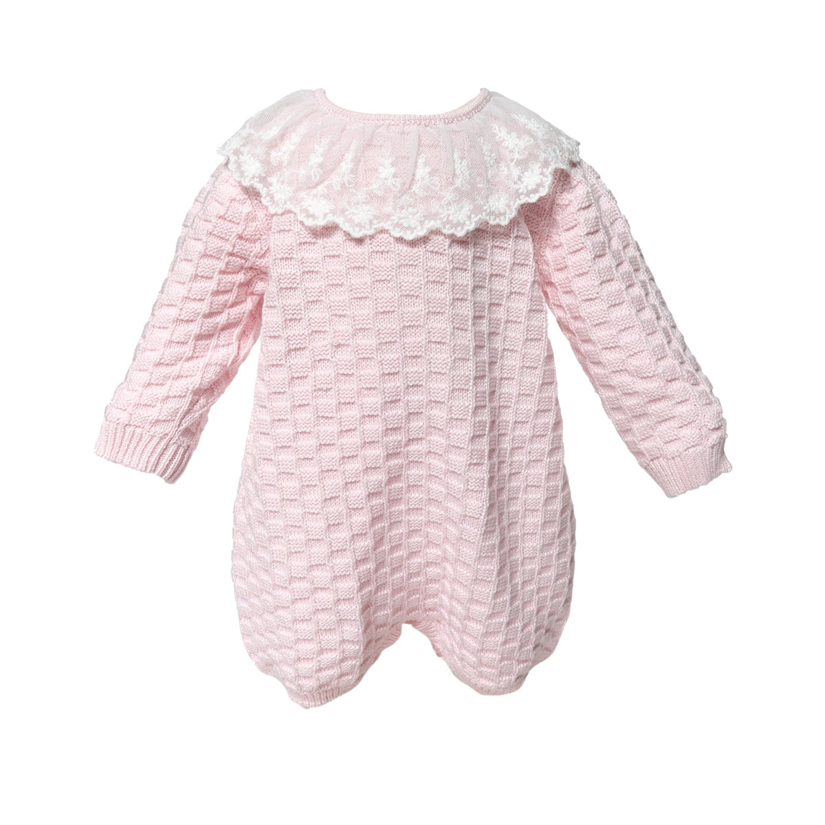 Baby Girl Basketweave Knit Romper With Lace Collar — Pink