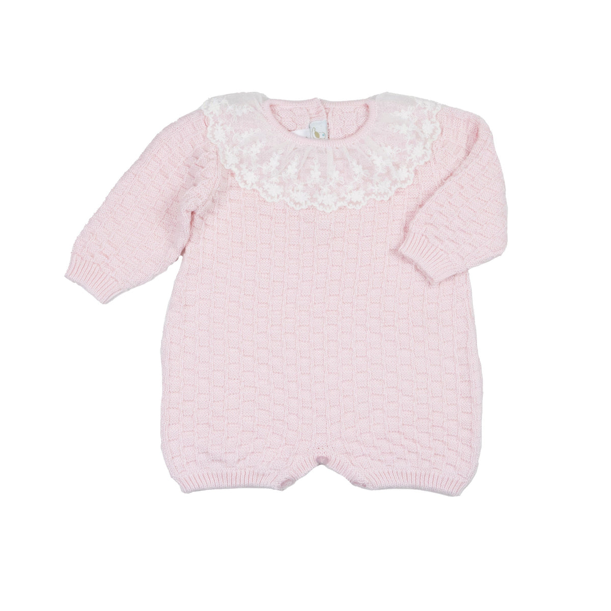 Baby Girl Basketweave Knit Romper With Lace Collar — Pink