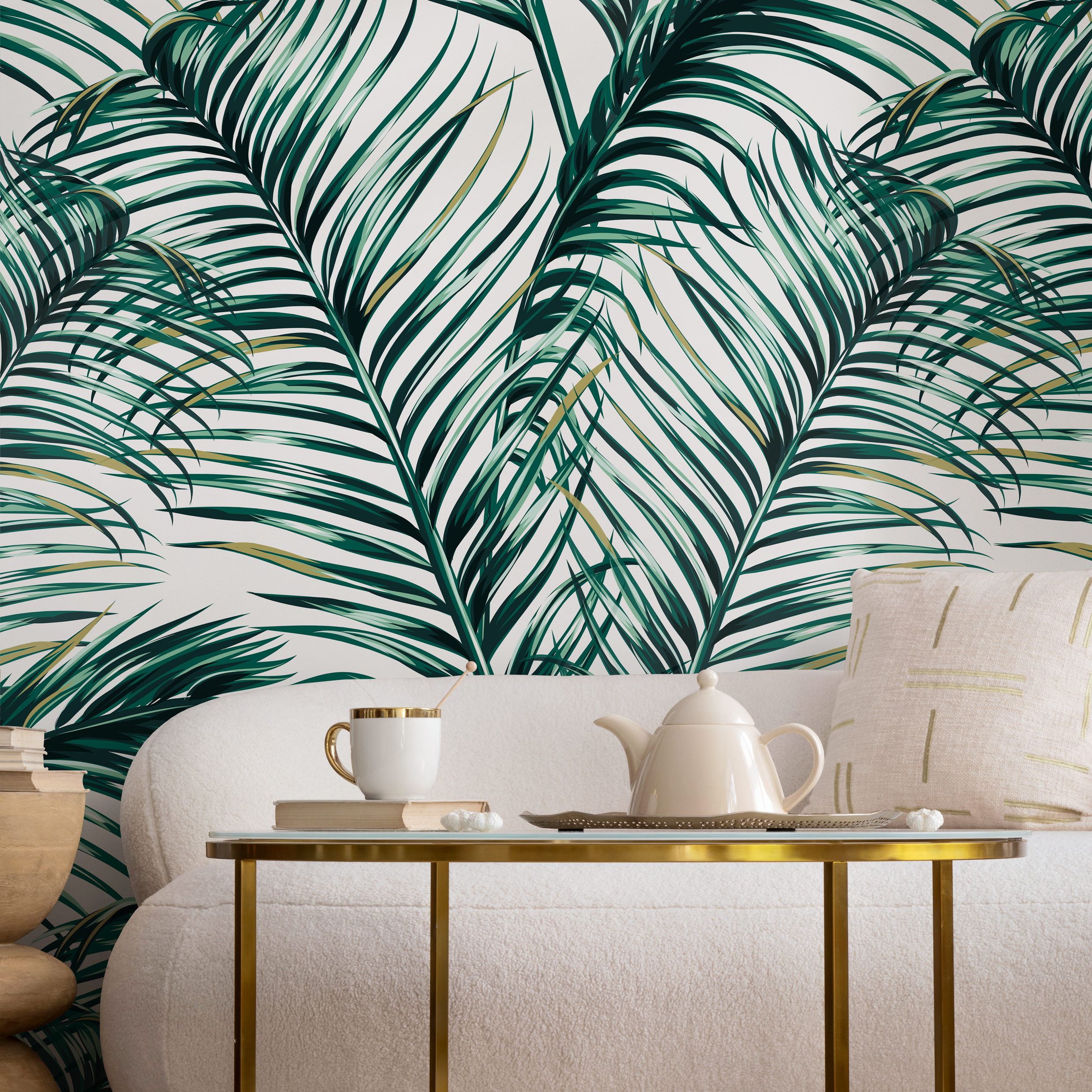 Tropical Wallpaper With Overlapping Palm Leaves In Green And Khaki - B121