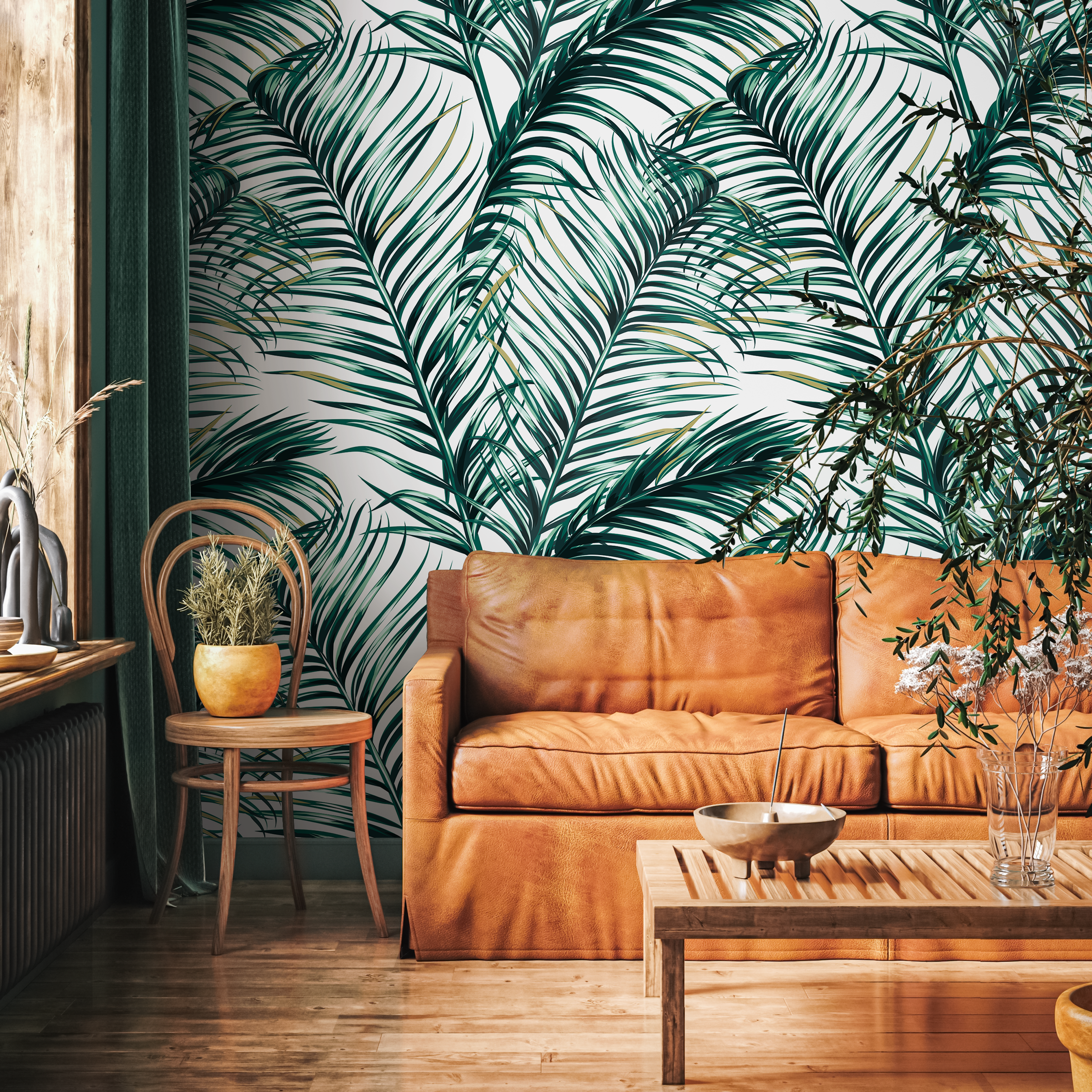 Tropical Wallpaper With Overlapping Palm Leaves In Green And Khaki - B121