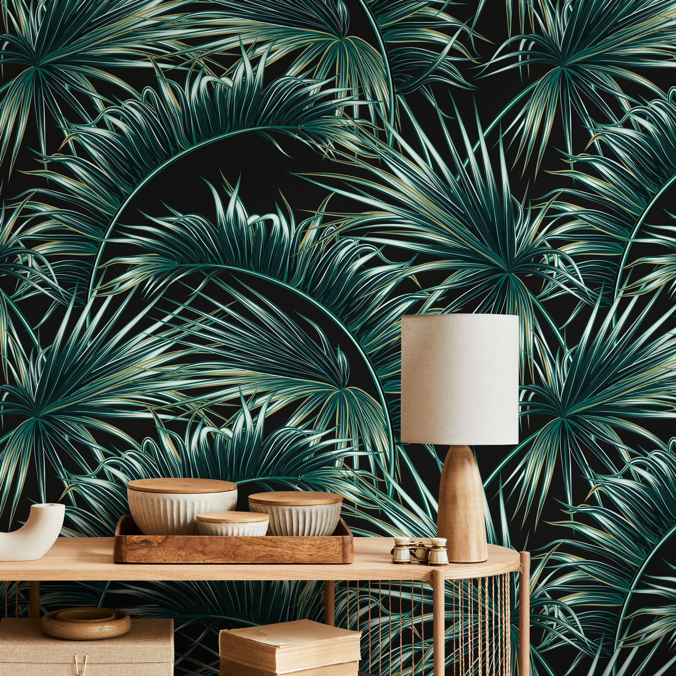 Botanical Wallpaper With Lush Palm Fronds In Green And Black - B122