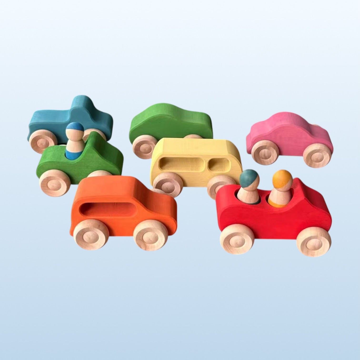 7 Pcs Colored Wooden Rainbow Cars Set With 3 Pcs Peg Dolls
