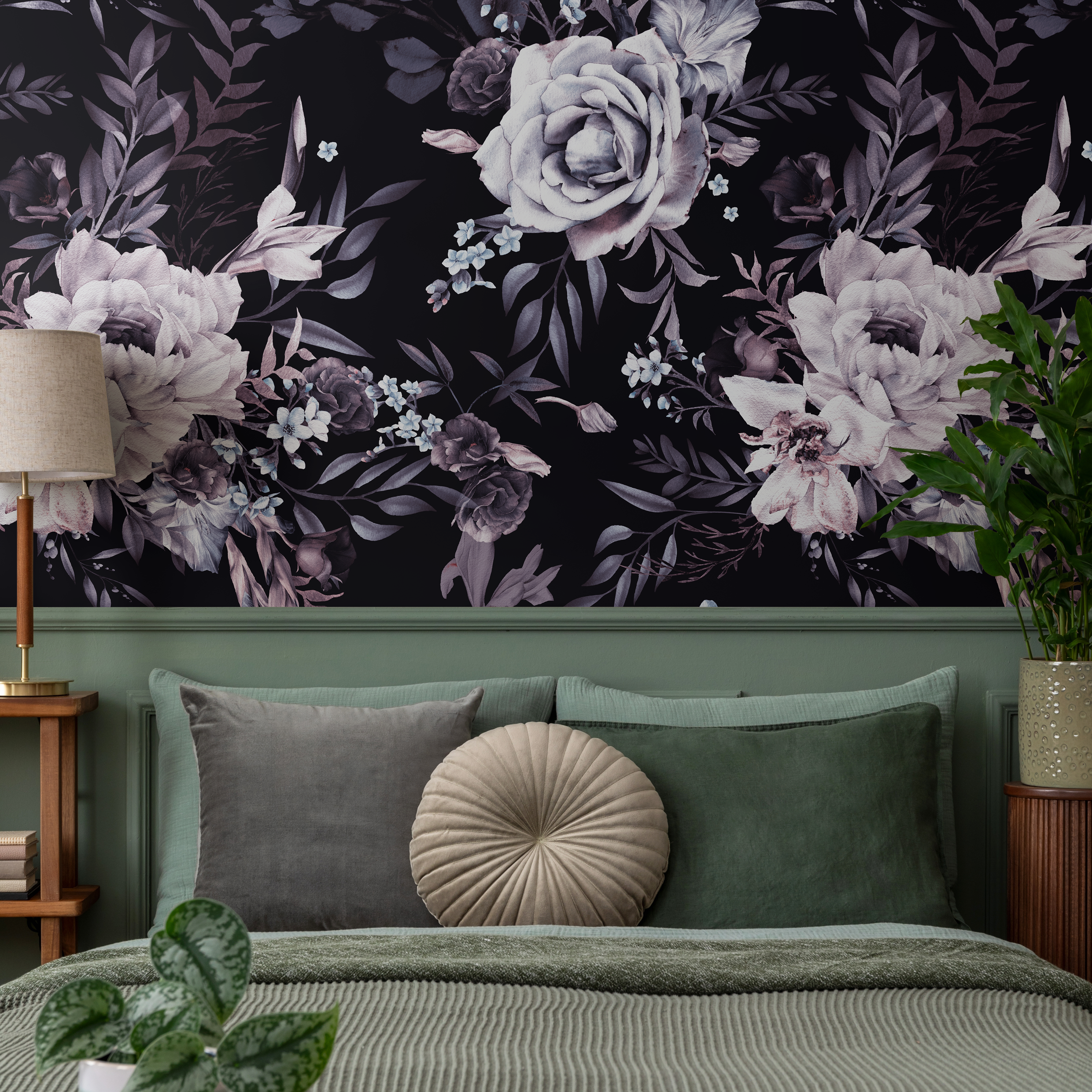 Floral Wallpaper With Moody Roses And Peonies In Black And Purple - B216