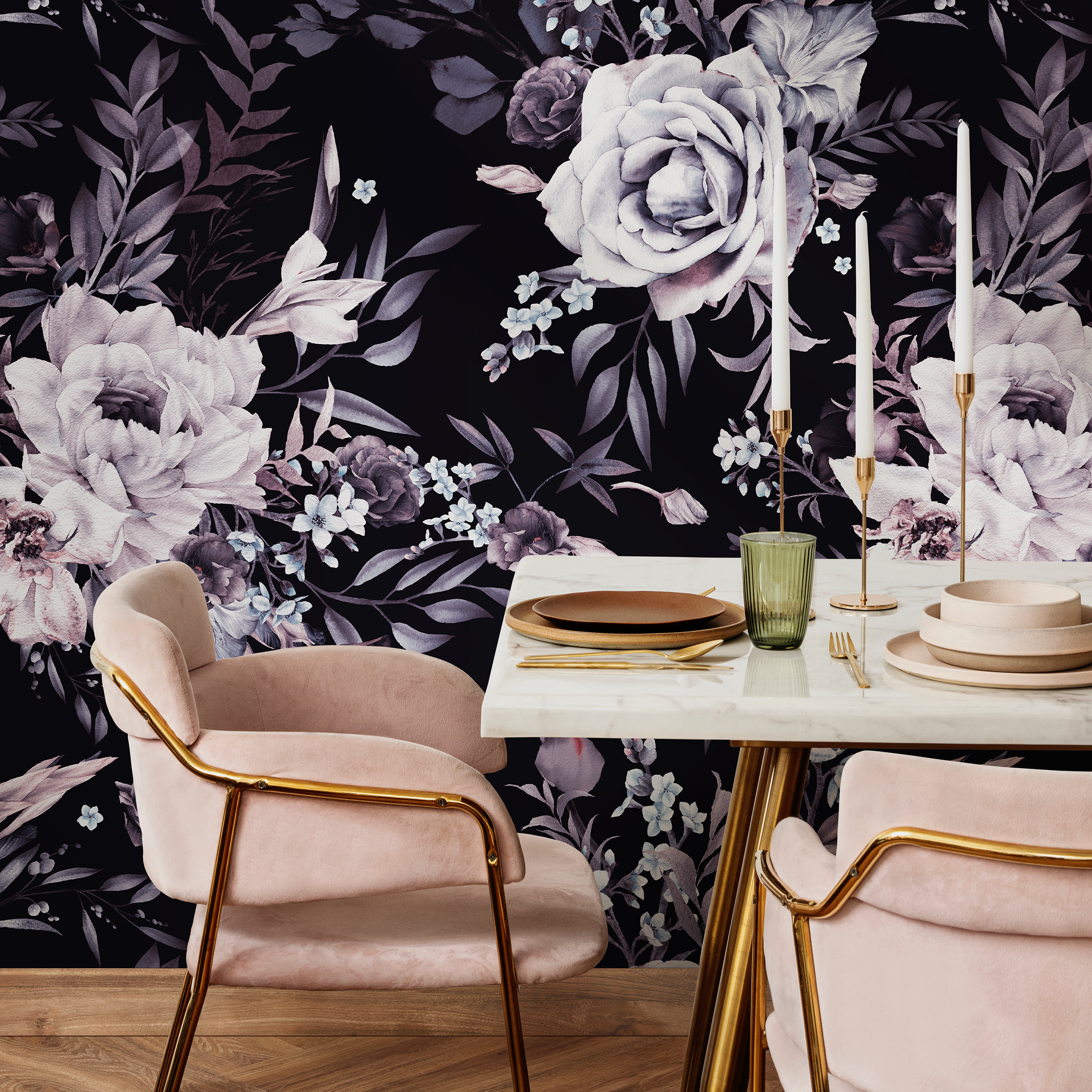 Floral Wallpaper With Moody Roses And Peonies In Black And Purple - B216