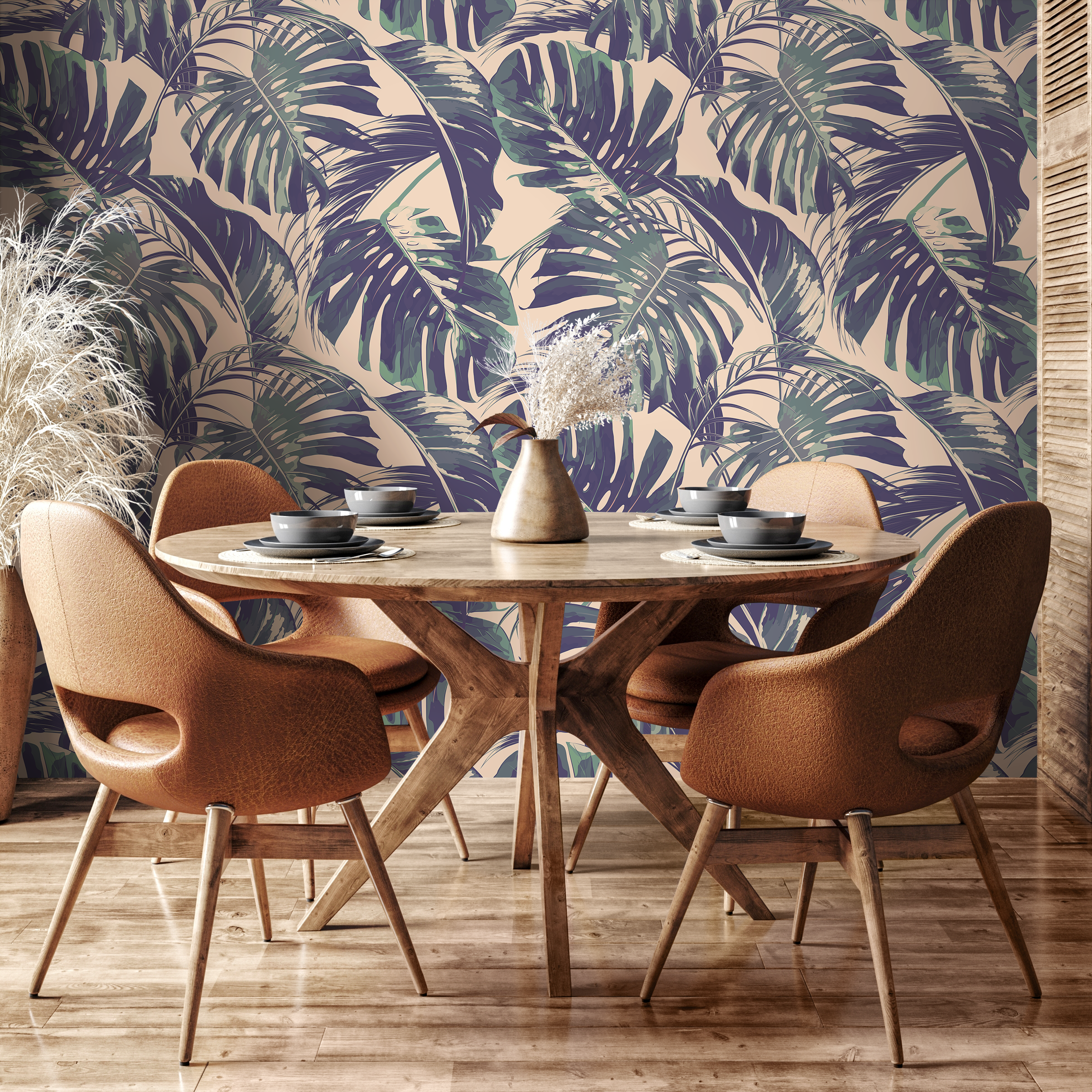 Tropical Wallpaper With Monstera Leaves In Purple, Green, And Beige - B127