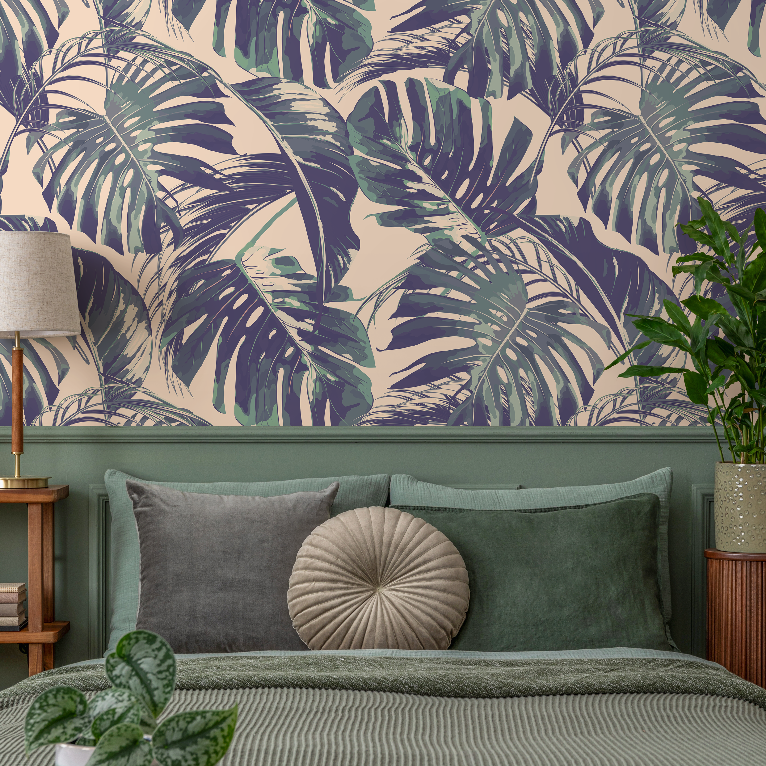 Tropical Wallpaper With Monstera Leaves In Purple, Green, And Beige - B127