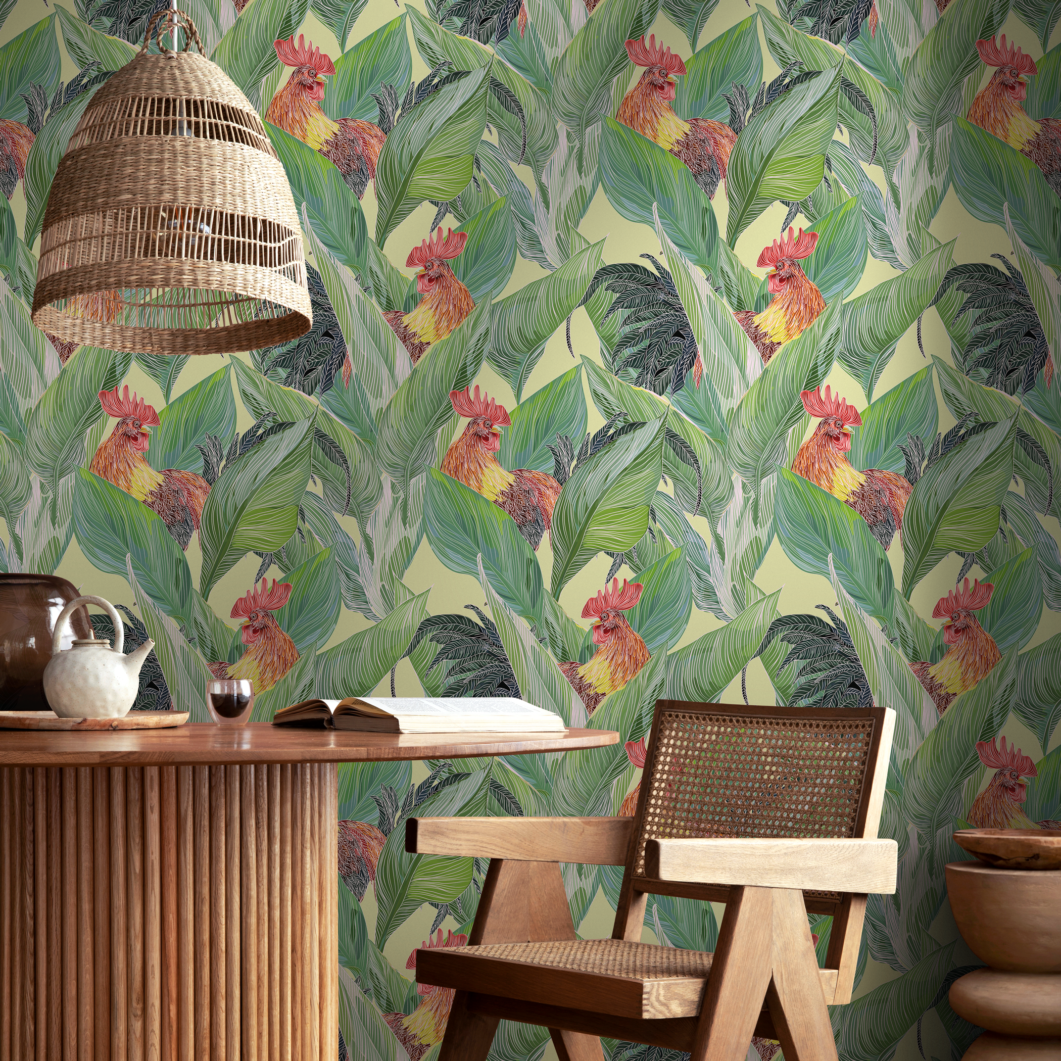 Animal Wallpaper Featuring Jungle Roosters In Green, Red, And Yellow - B128